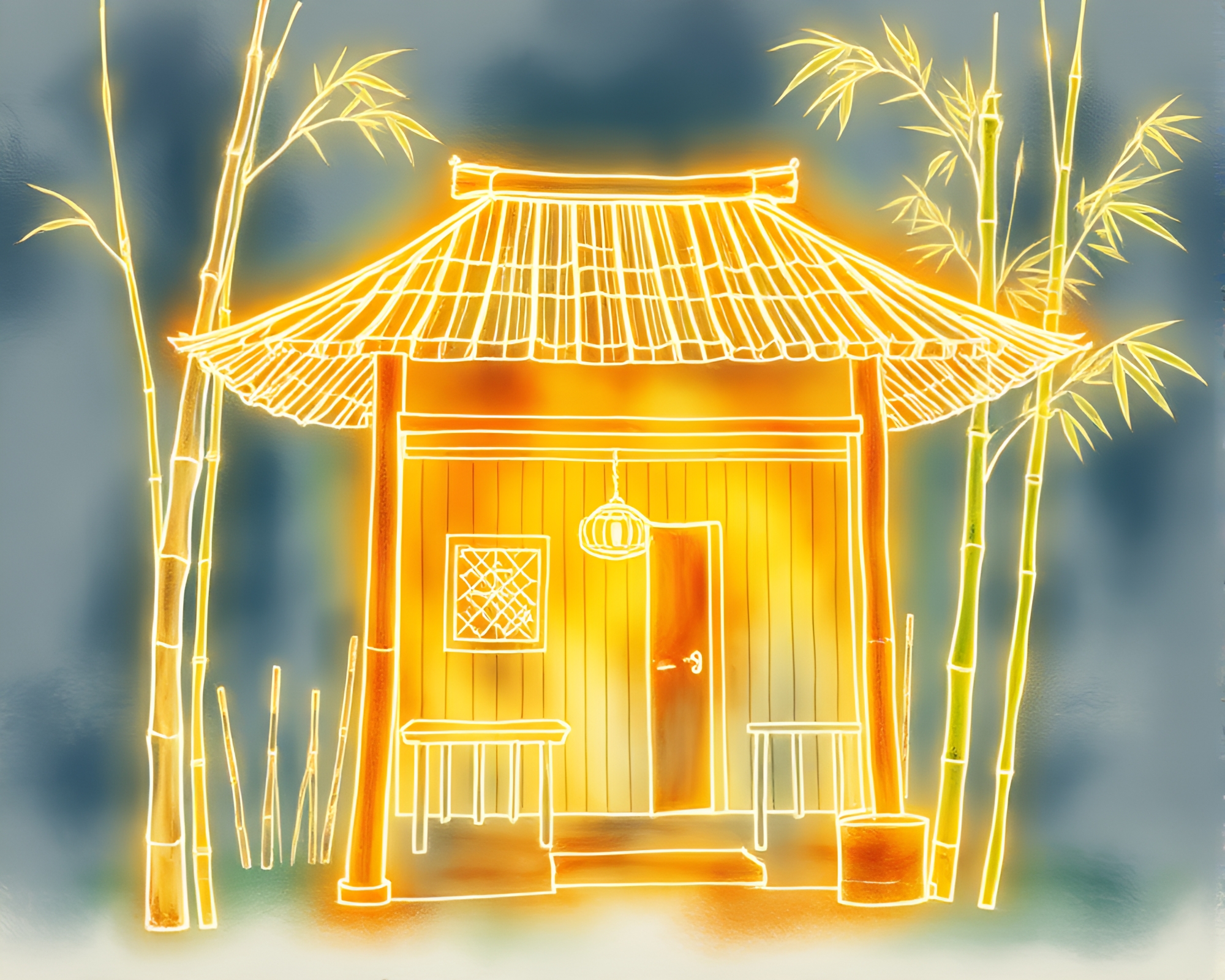 Night Glow: Bamboo Hut in Neon Wireframe – free AI stock image