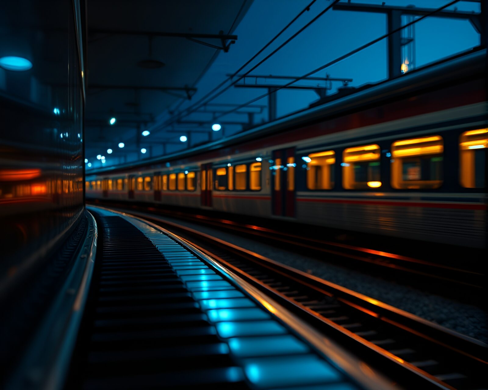 Futuristic piano with glowing keys on moving train background