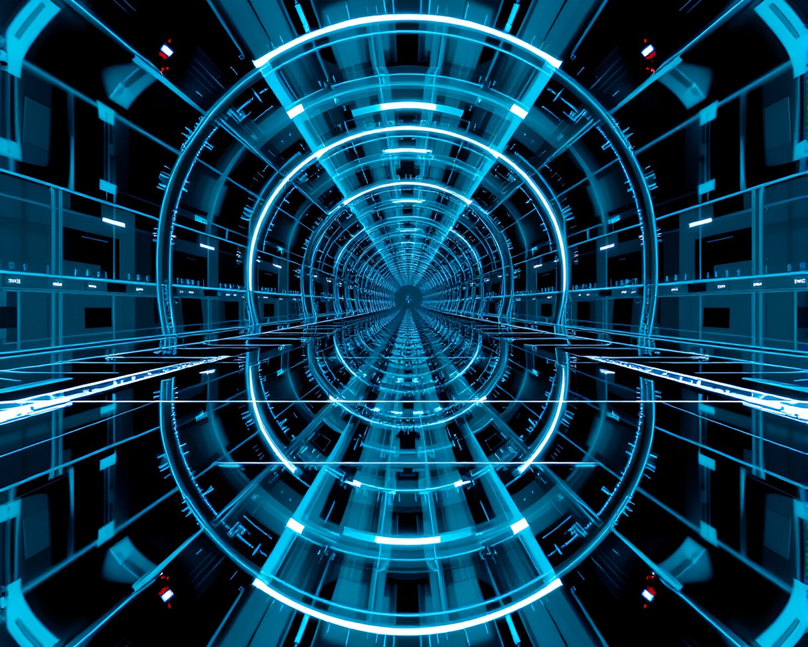 Steel-blue cyberpunk scene with mirrored symmetry and time dilation
