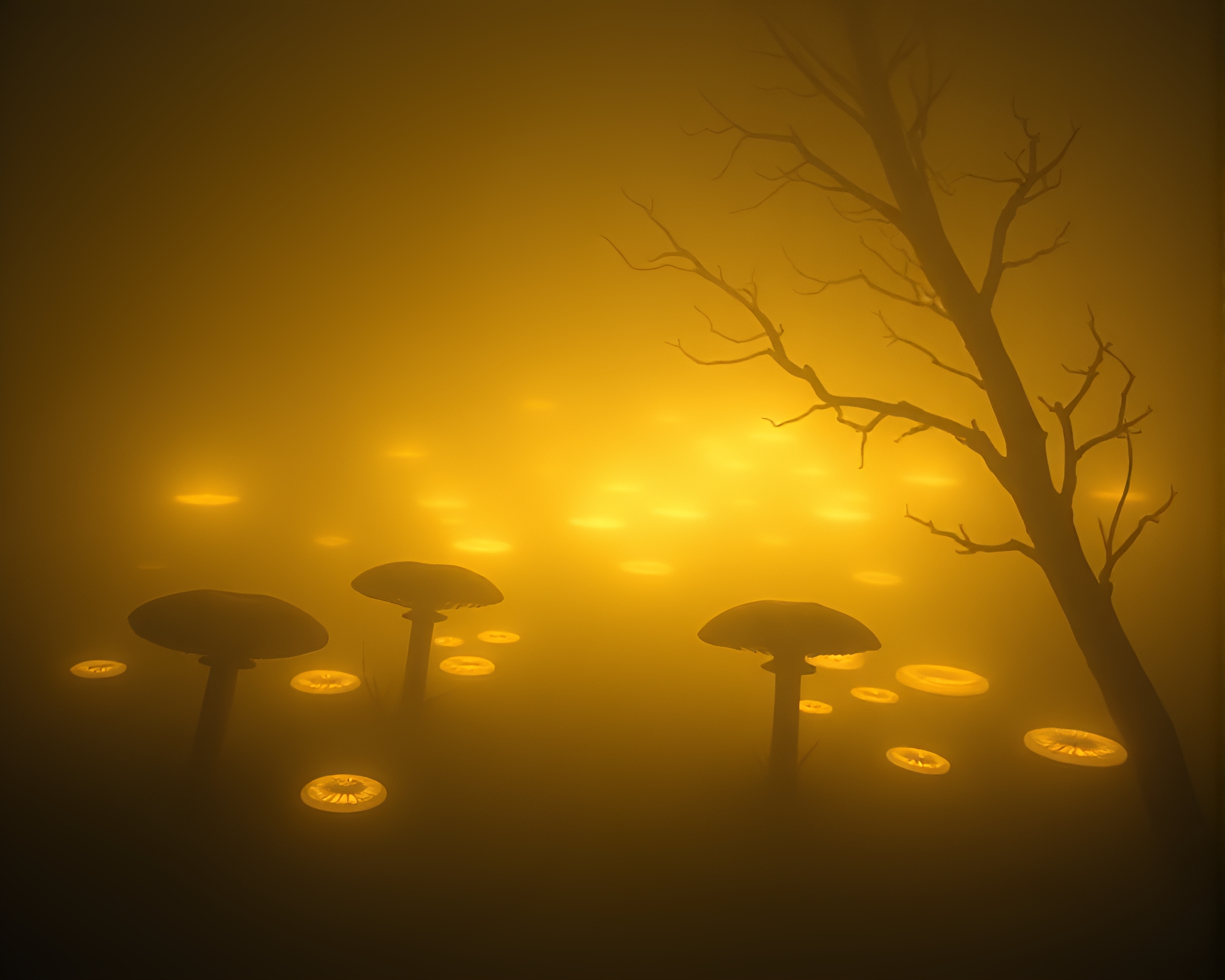 Fungal Bioluminescence in Sepia-Toned Fog Banks – free AI stock image
