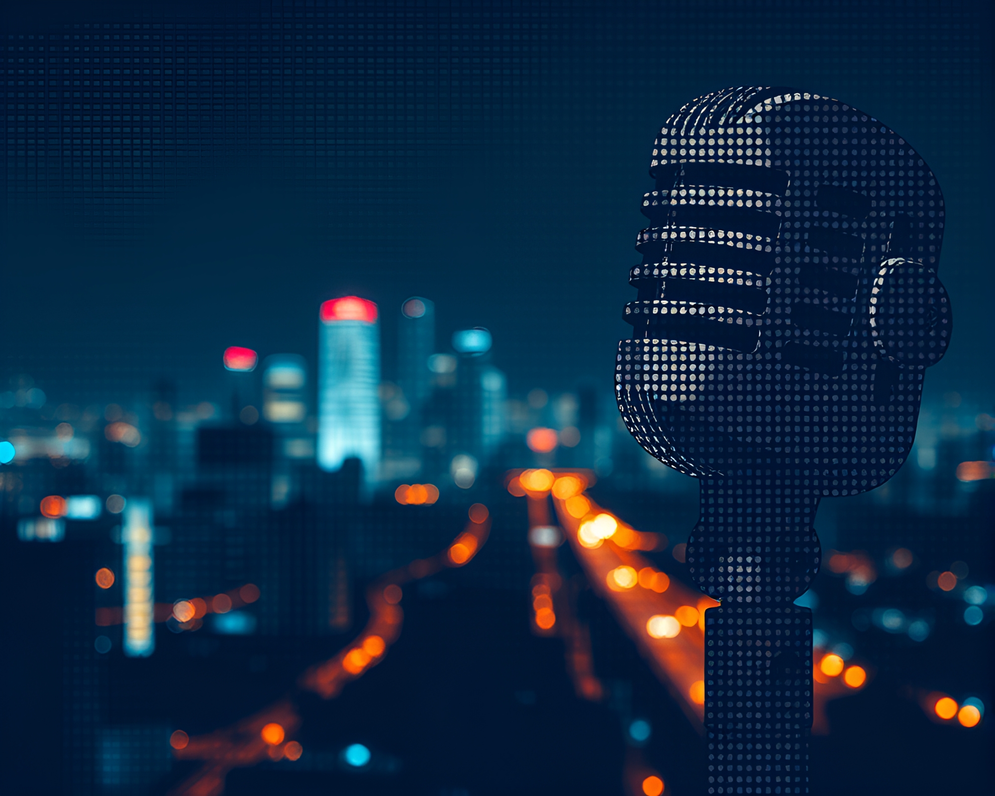 Halftone Grid Microphone in City Lights Night – free AI stock image