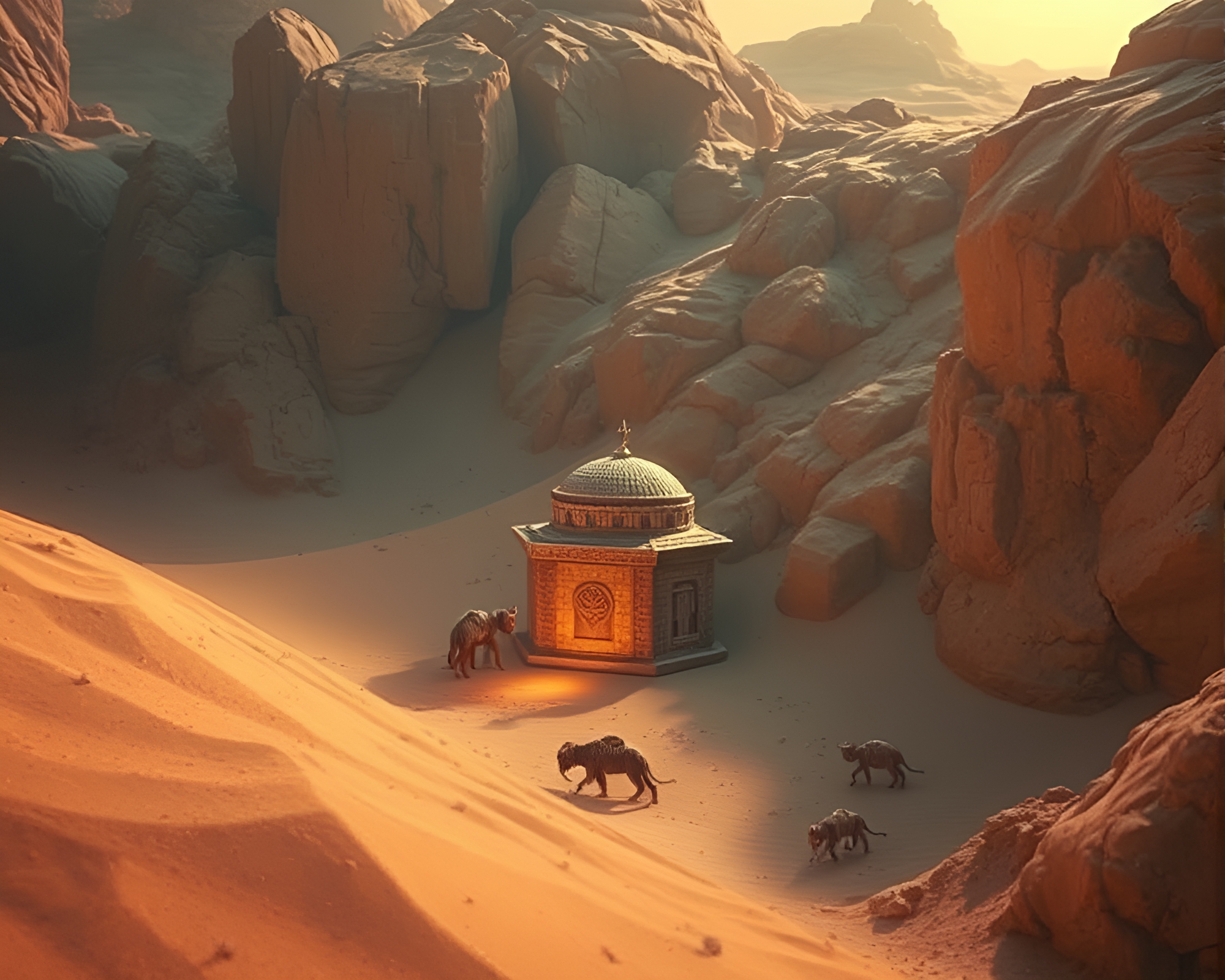 Hatchmarked Golem Guardian in Desert-Sand Hues – free AI stock image