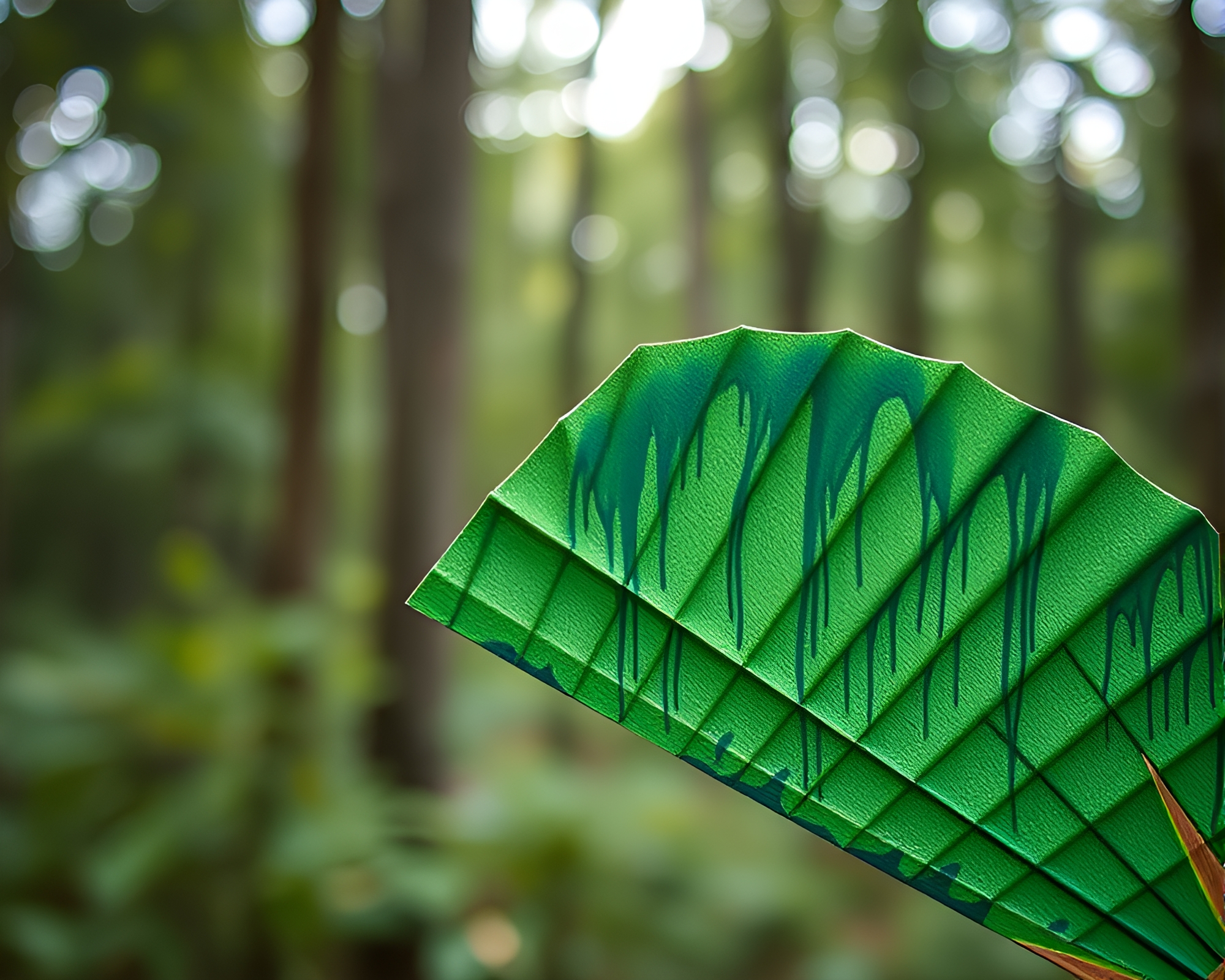 Enchanted forest green hand-painted fan bokeh composition – free AI stock image