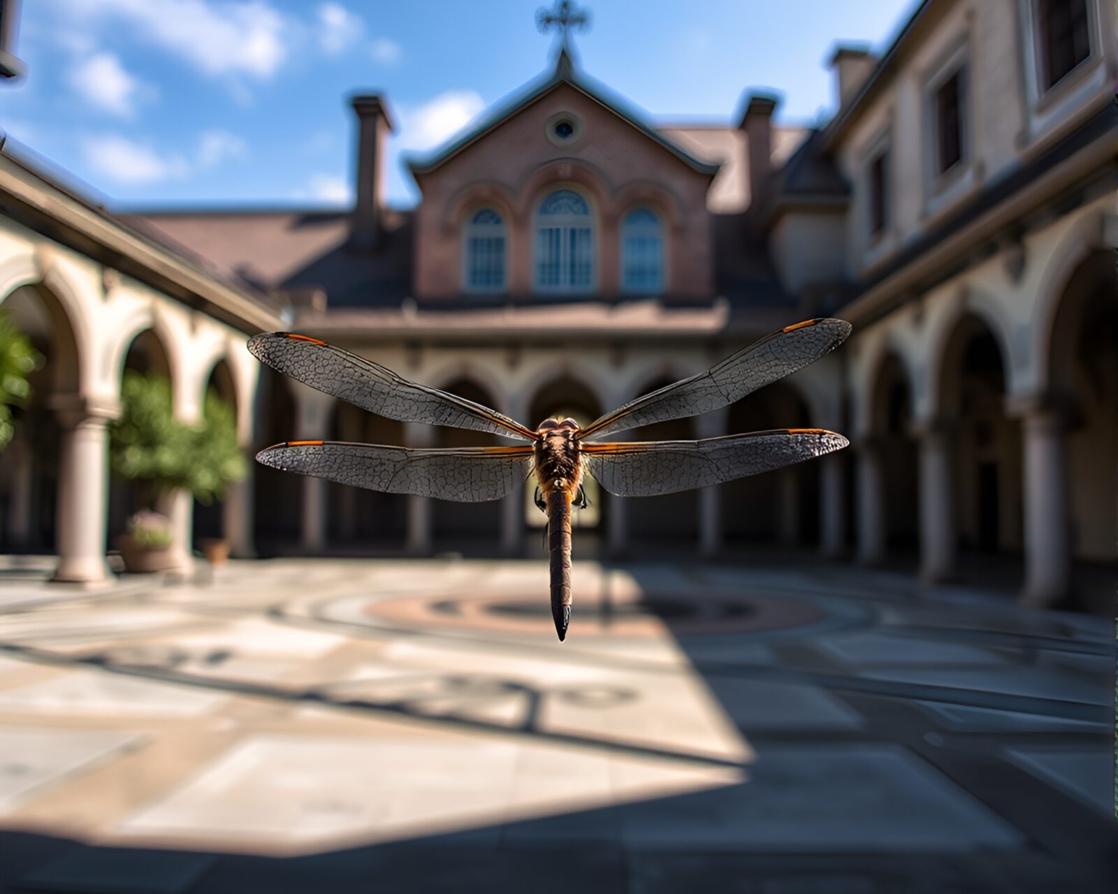 An elegant dragonfly resting on a contemporary metal structure, soft light illuminating the scene