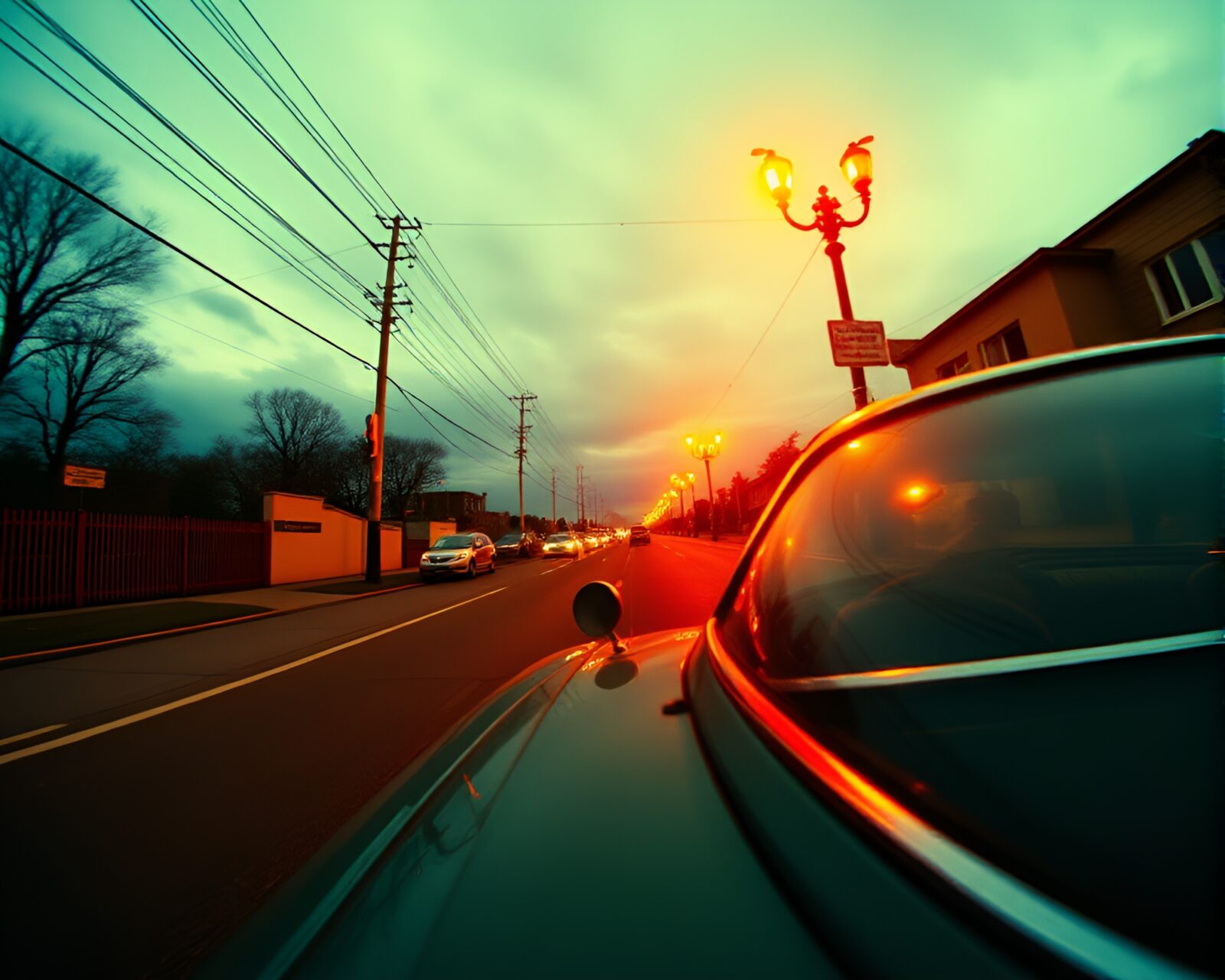 Wide-angle view of a vintage car in surreal lighting