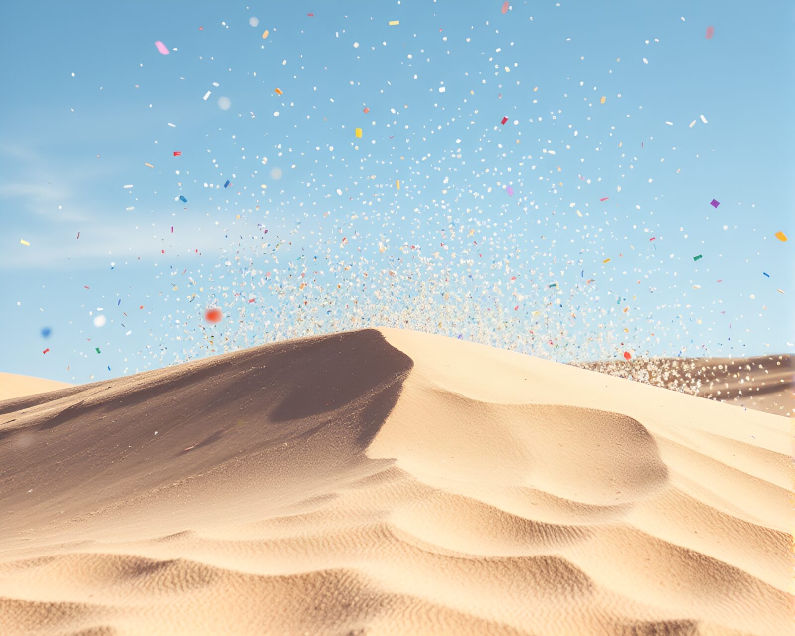 Vibrant confetti bursts over a mesmerizing sand dune landscape