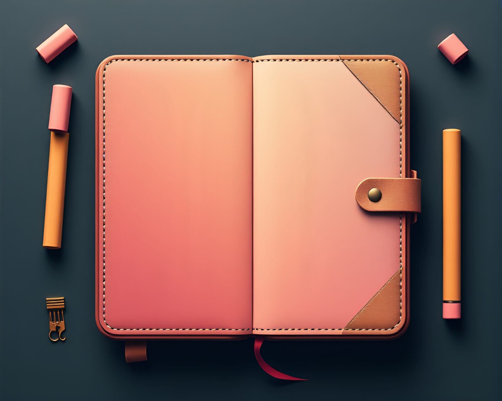 Pastel gradient leather-bound diary in isometric illustration style.