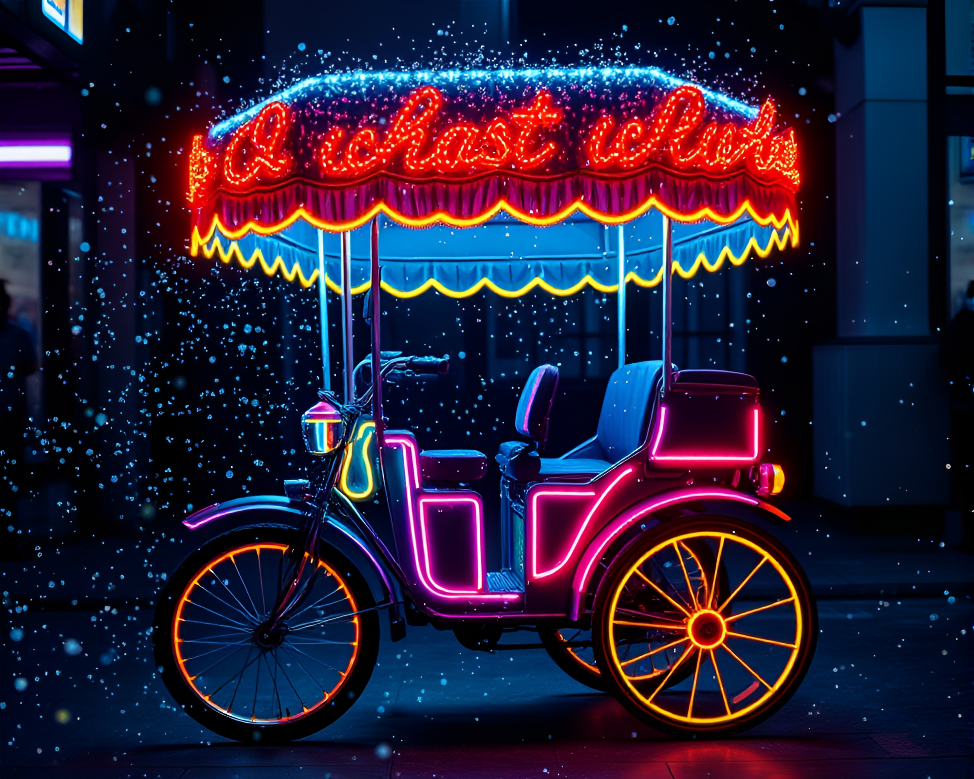 Neon Rickshaw amidst Floating Particles Glow – free AI stock image