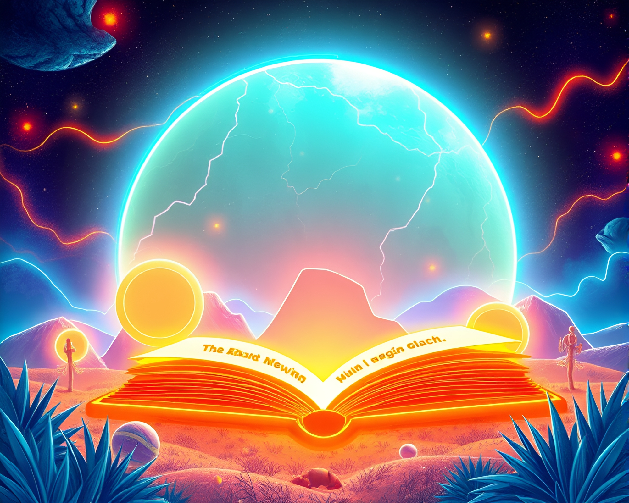 Neon Wireframe Oasis with Solar Flare Glow – free AI stock image