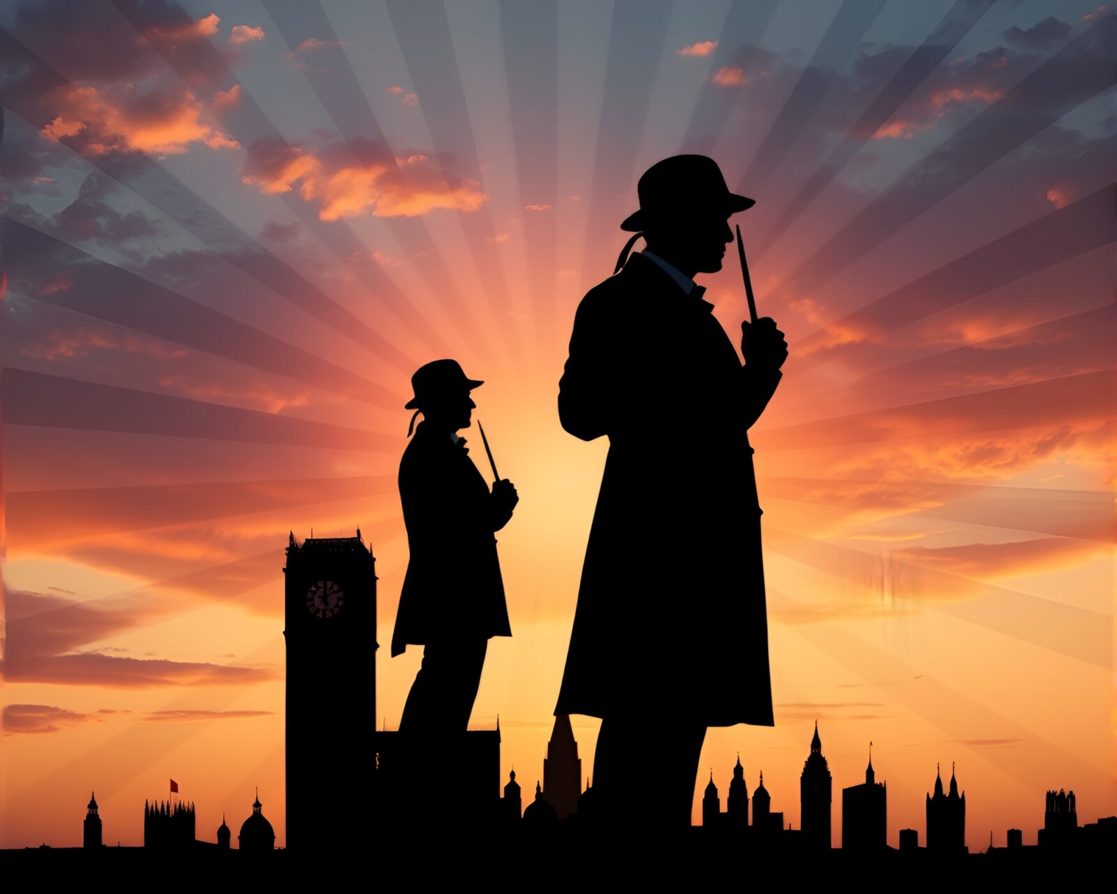 Intricate collage of Sherlock Holmes silhouette against pastel sunrise.