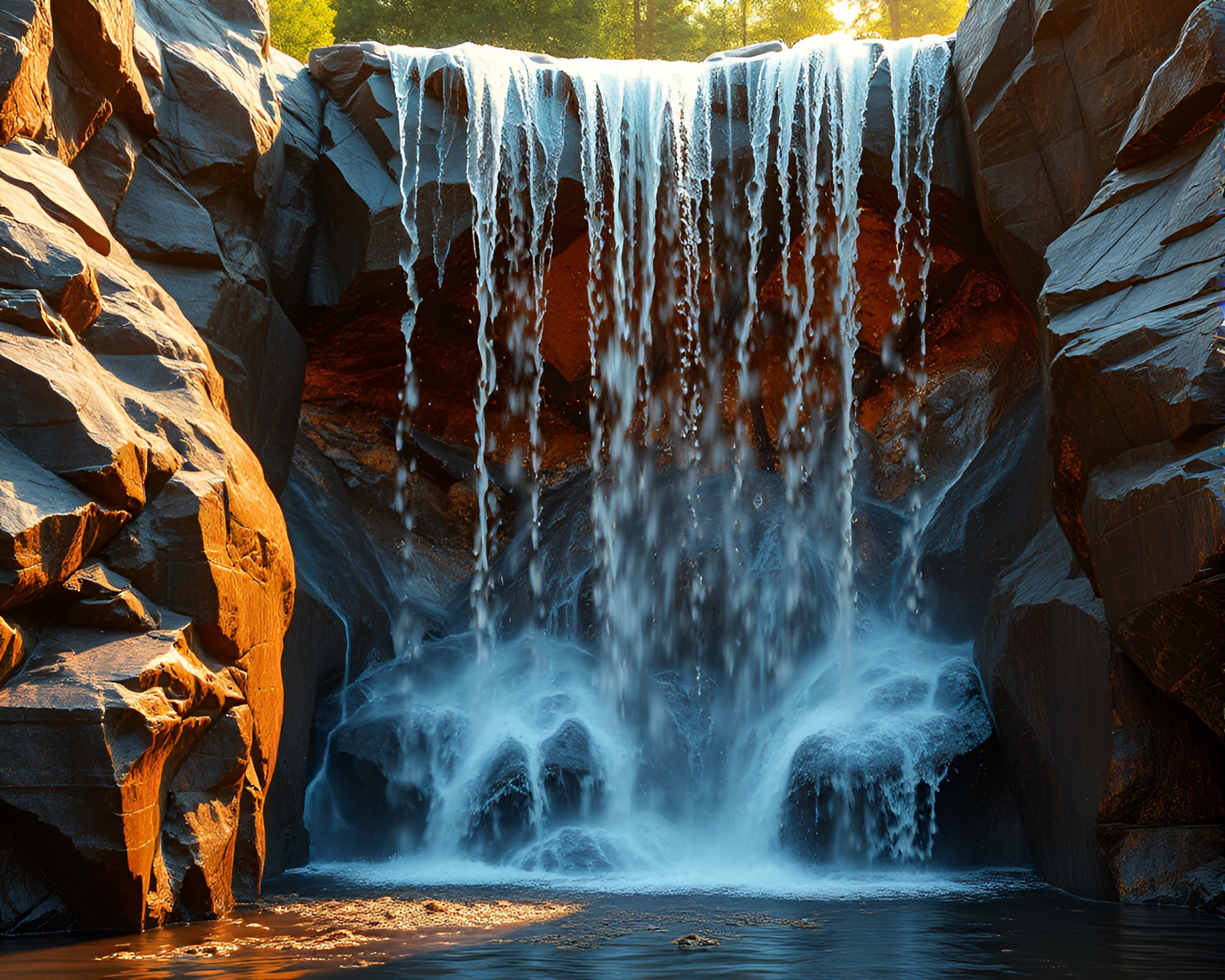 Enchanted Waterfall Glowing with Bronze Patina – free AI stock image