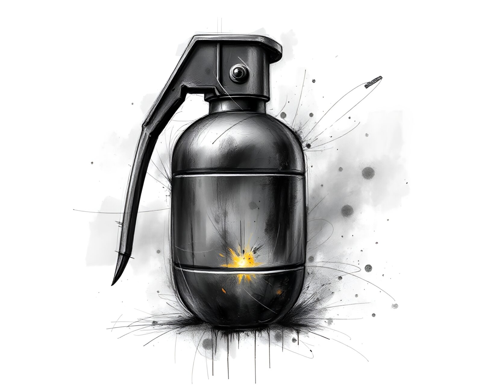 Fragmented metallic scratches emanating from glowing antimatter grenade.