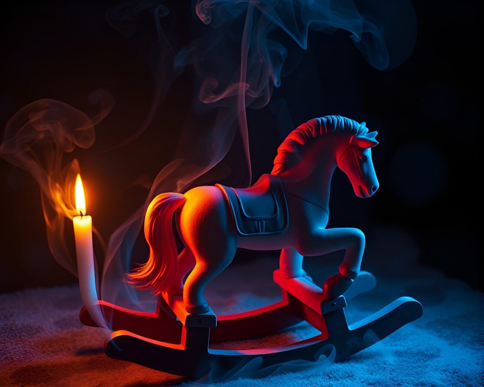Abstract wooden horse engulfed in colorful thermal smoke swirls