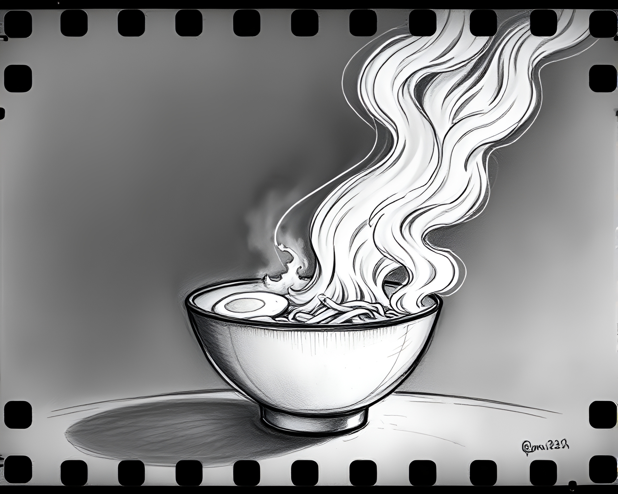 Ramen Bowl in Film Sprocket Charcoal Sketch – free AI stock image