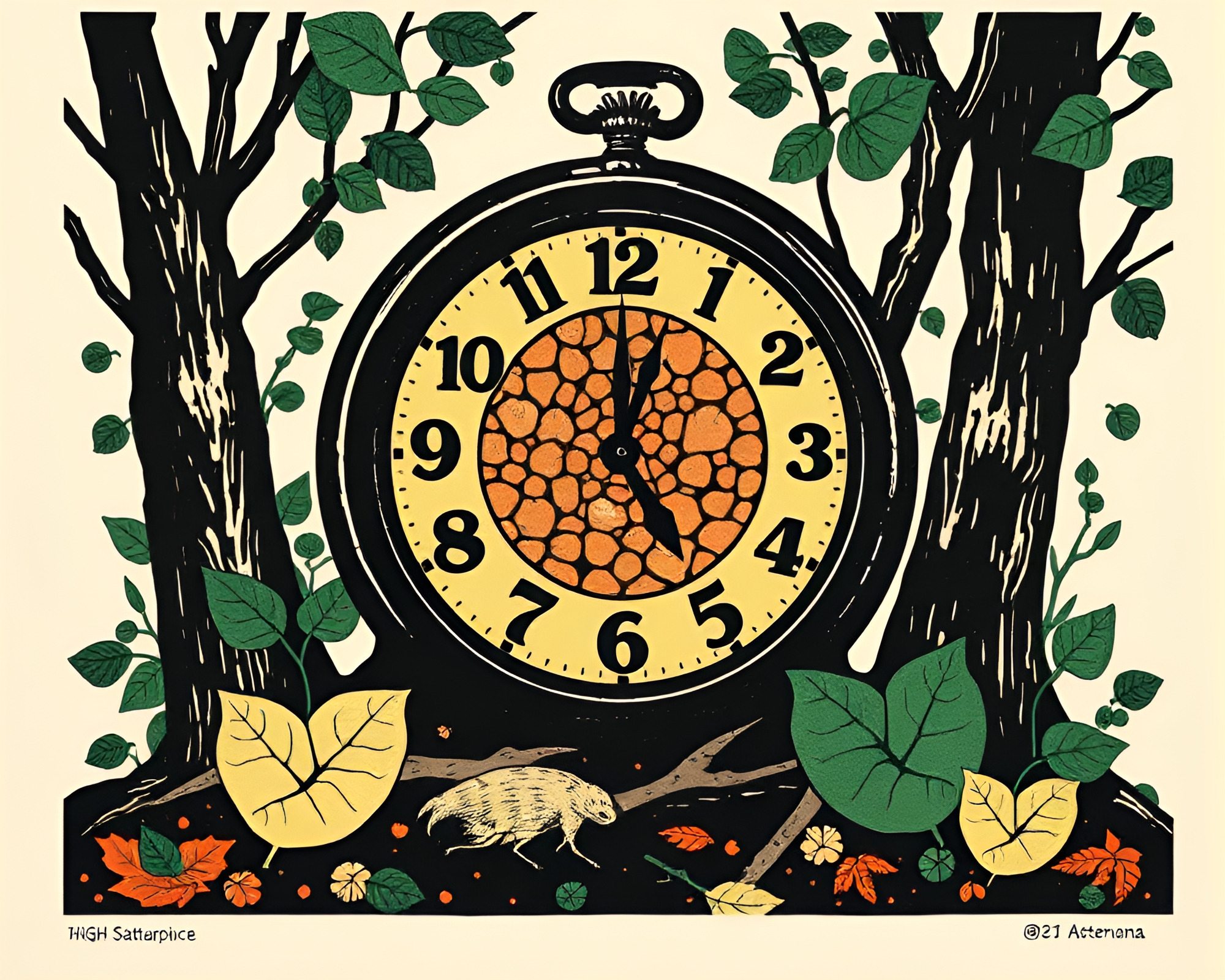 Chrono Clock in Linocut Style with Leaf Litter Composition – free AI stock image