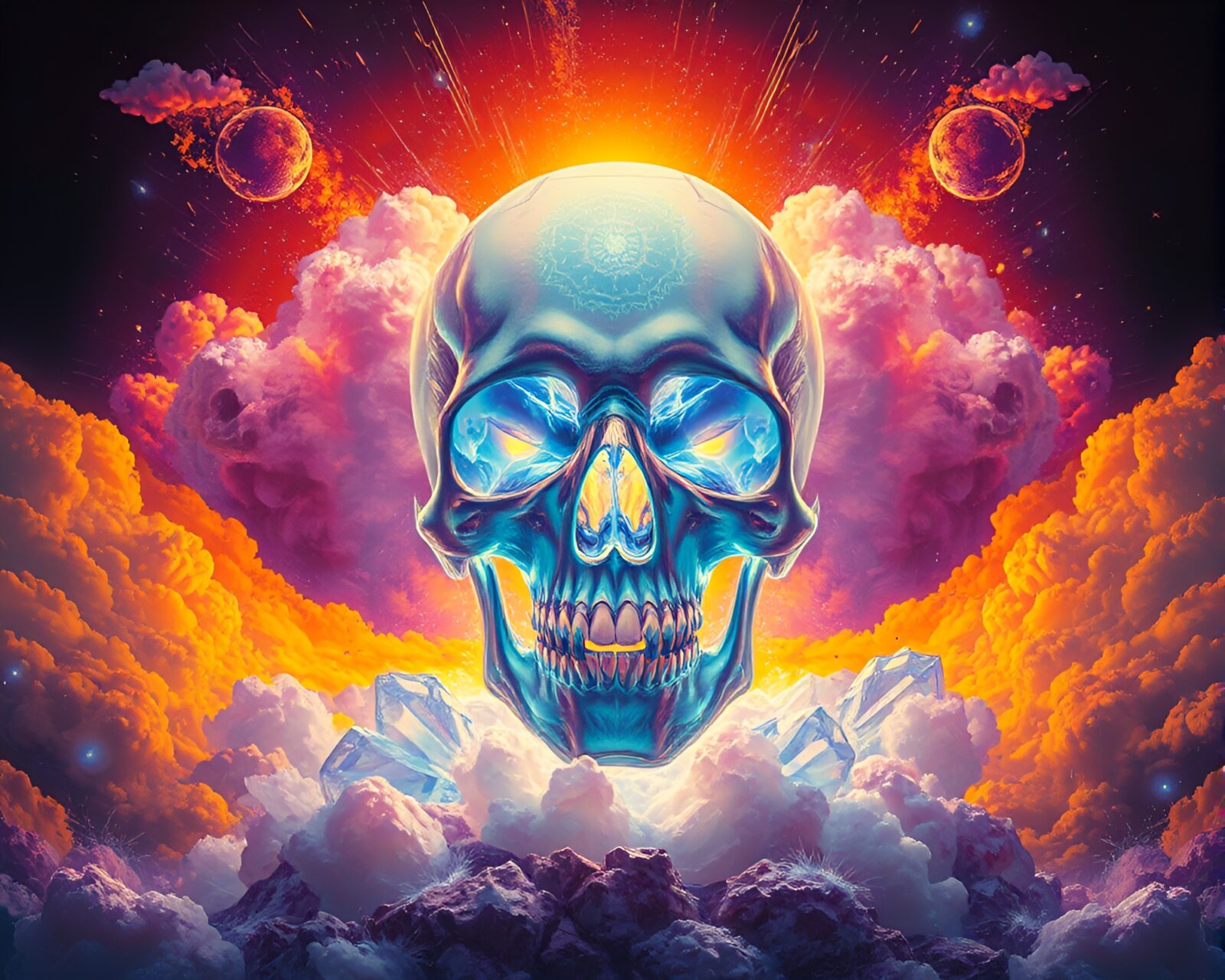 Mystical crystal skull eclipsed by vibrant explosion cloud