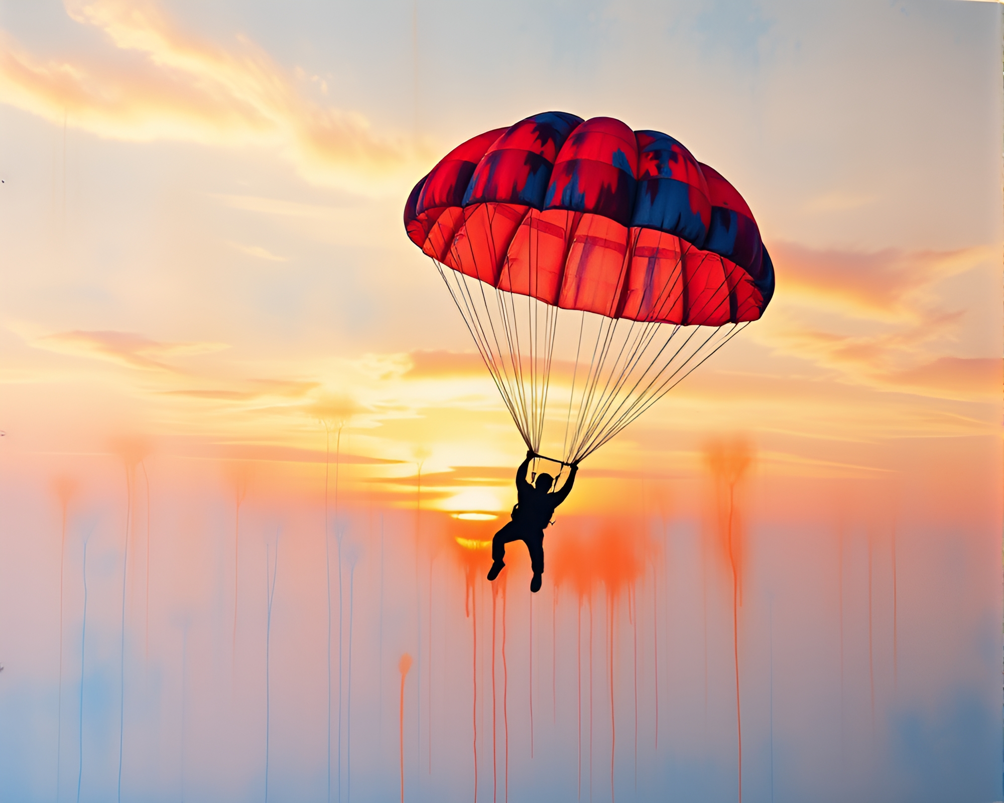 Sunset Parachute Jumper with Spray Paint Drips – free AI stock image
