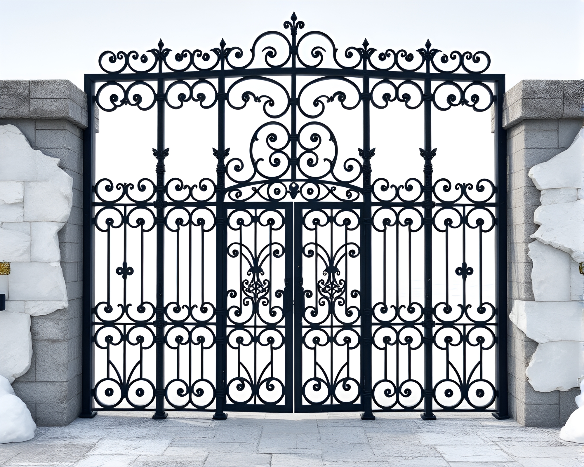 Fragmented Mosaic Wrought Iron Gate in Antarctic Whiteout – free AI stock image