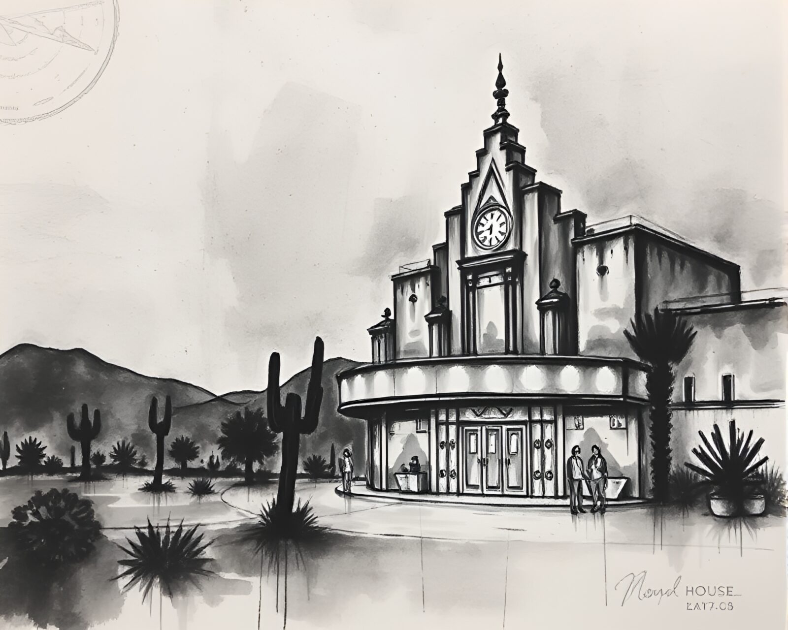 Dramatic charcoal ink wash desert scene with opera-house glow
