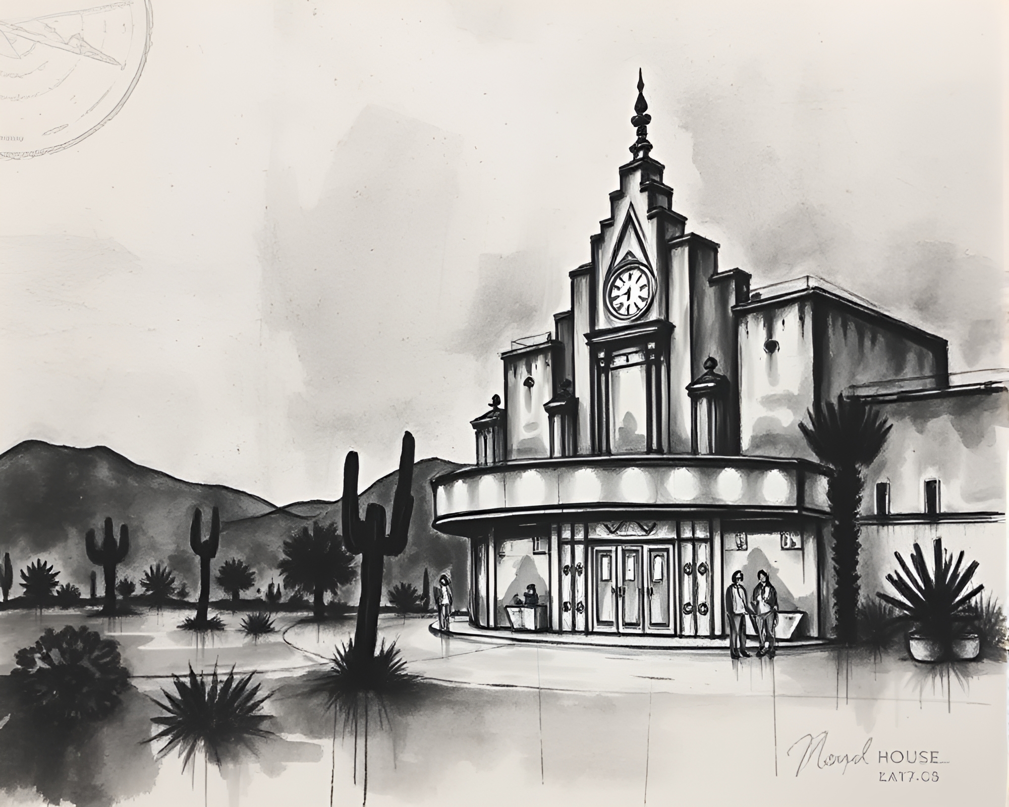 Desert Sunset Opera-House Charcoal Sketch – free AI stock image