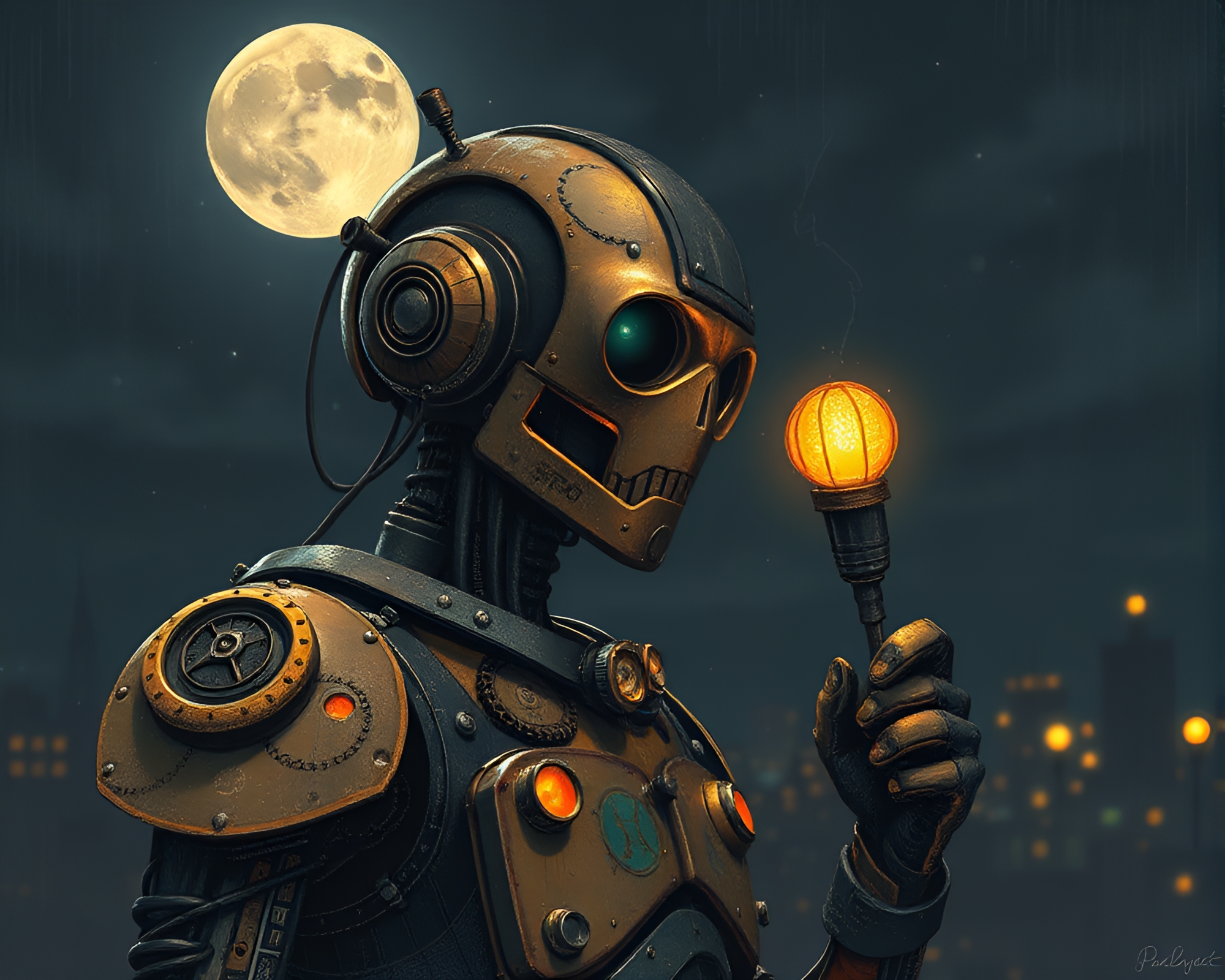 Moonlit Steampunk Robot Chalk Art Composition – free AI stock image