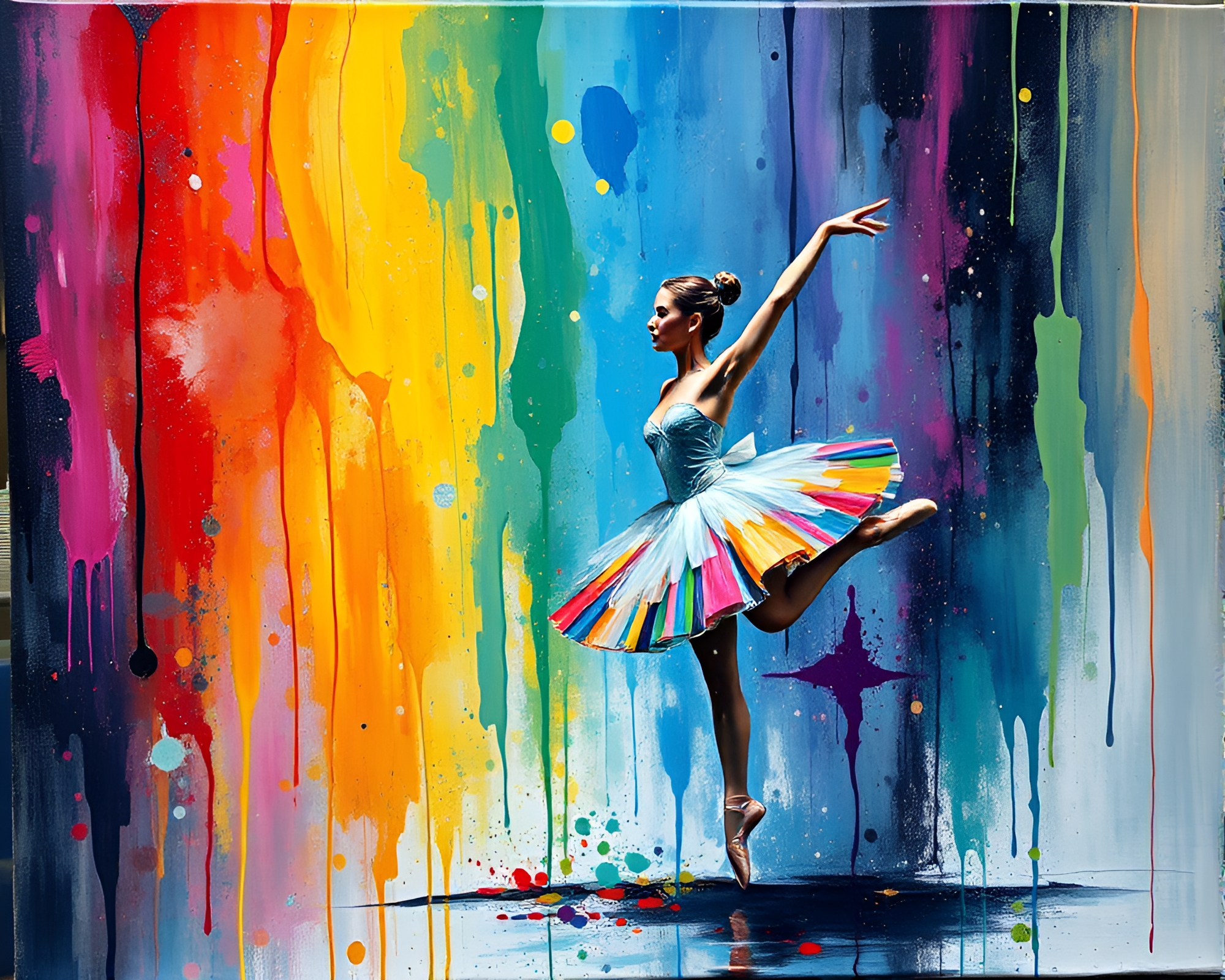 Rainbow Ballet Dancer in Paint Splatter Photocollage – free AI stock image