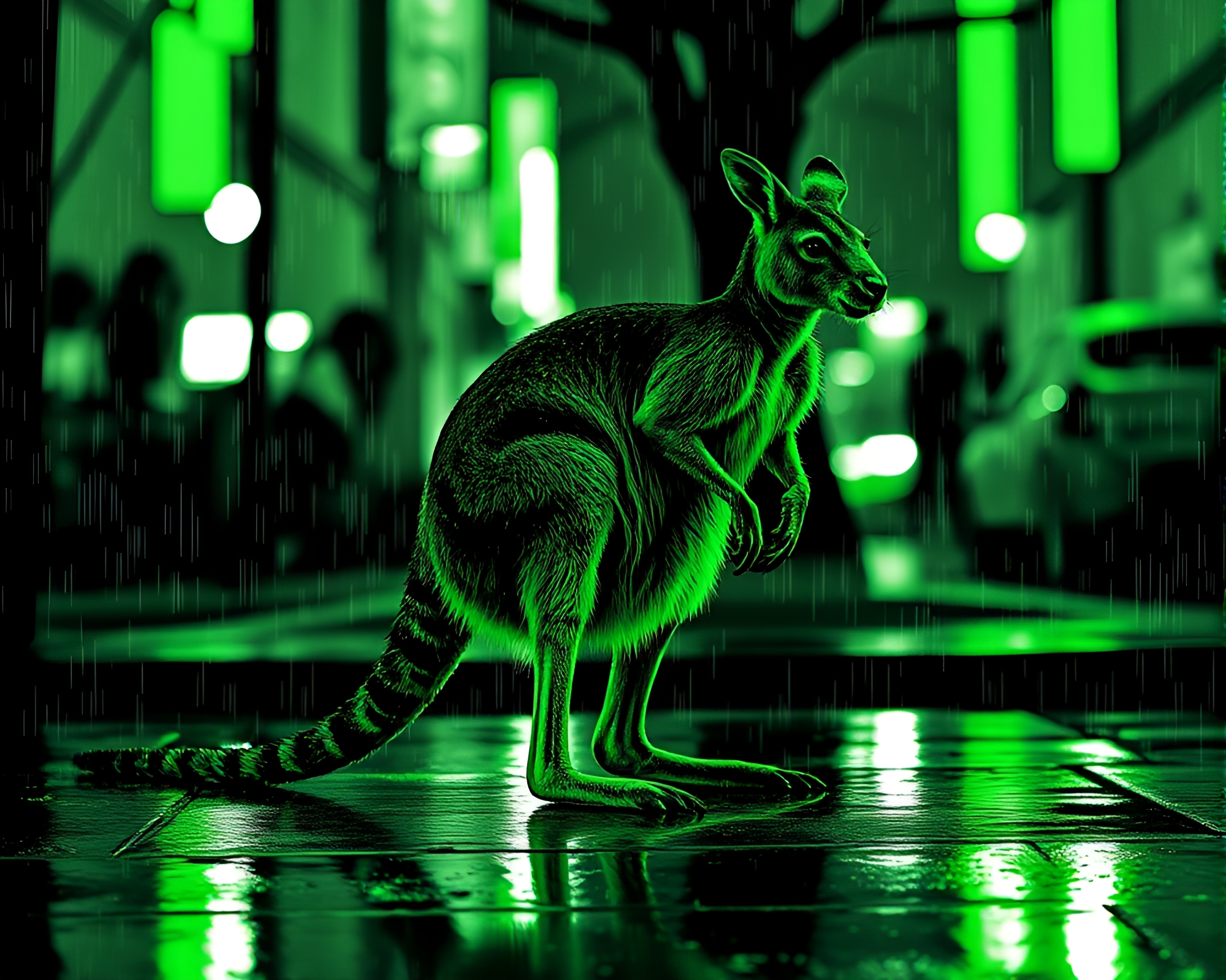 Kangaroo hopping on green-hued wet pavement – free AI stock image