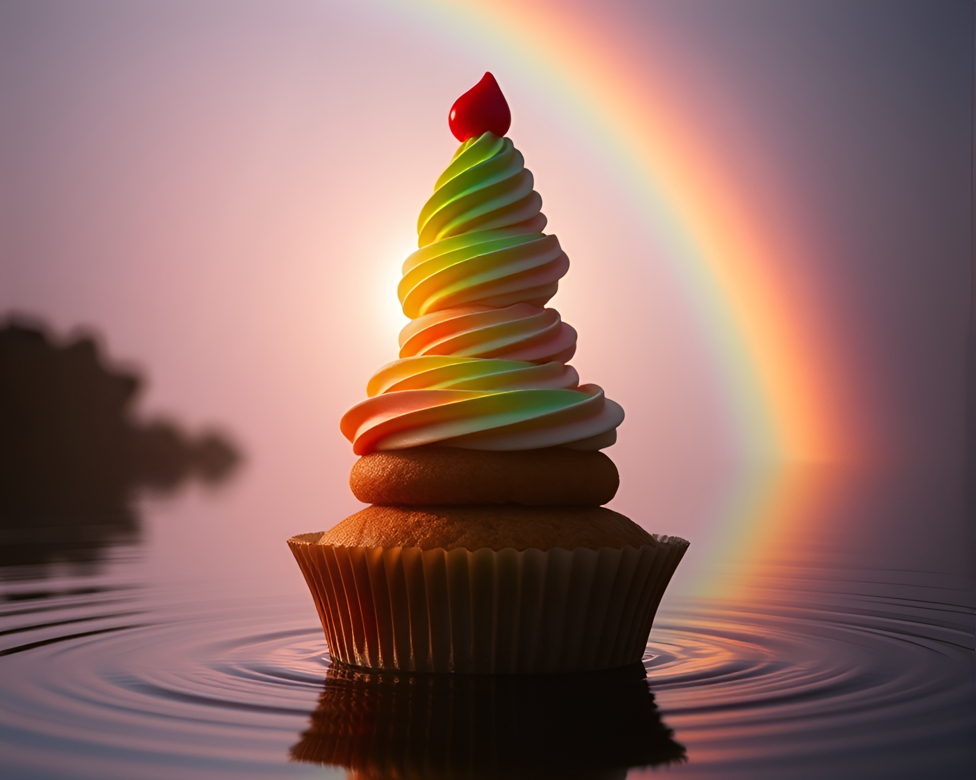 Ripple Reflection Cupcake Tower in Rainbow Spectrum Light – free AI stock image