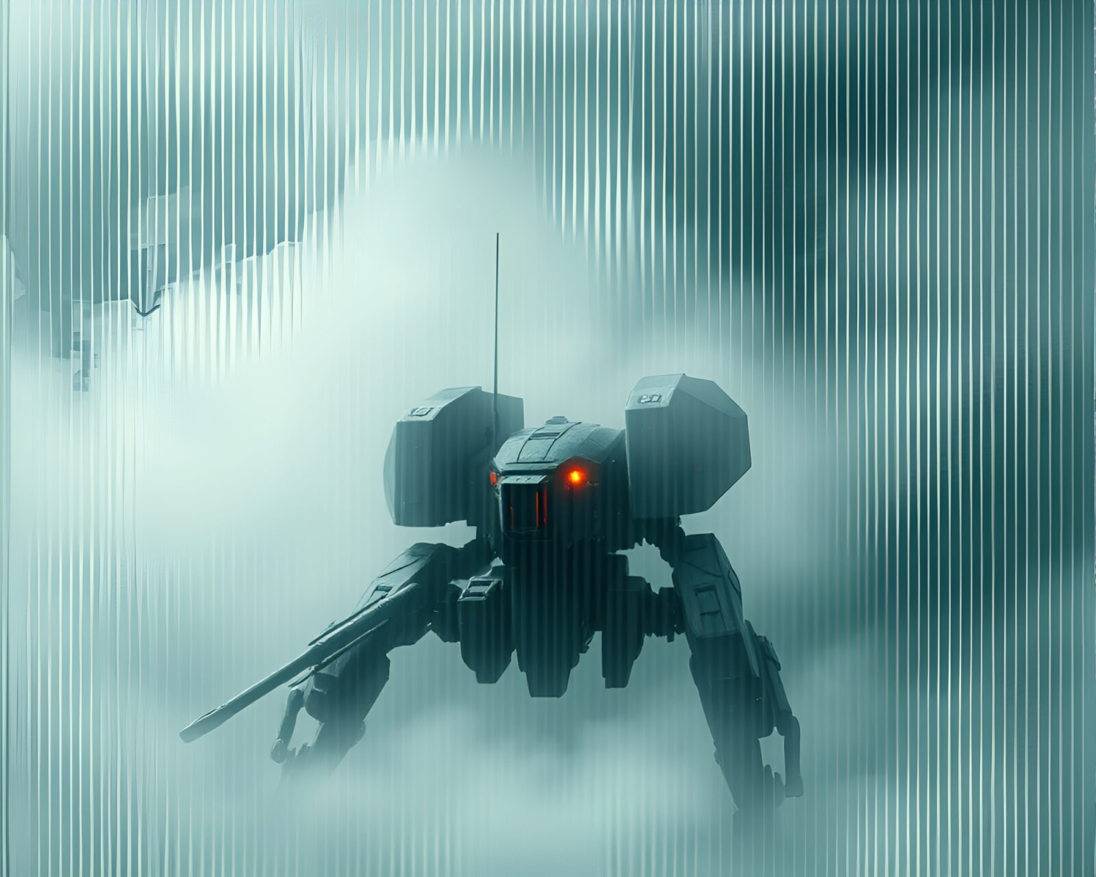Abstract fractal art of a striped battle mech in fog