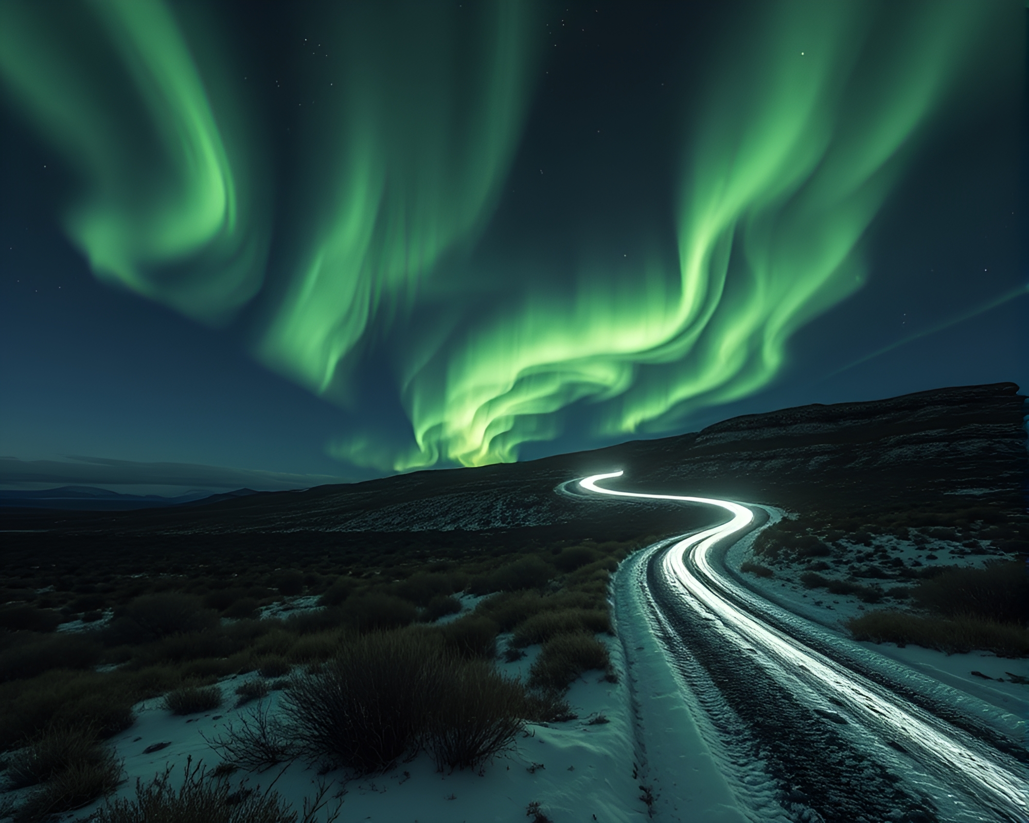 Icy Light Trails in Enchanted Northern Tundra – free AI stock image
