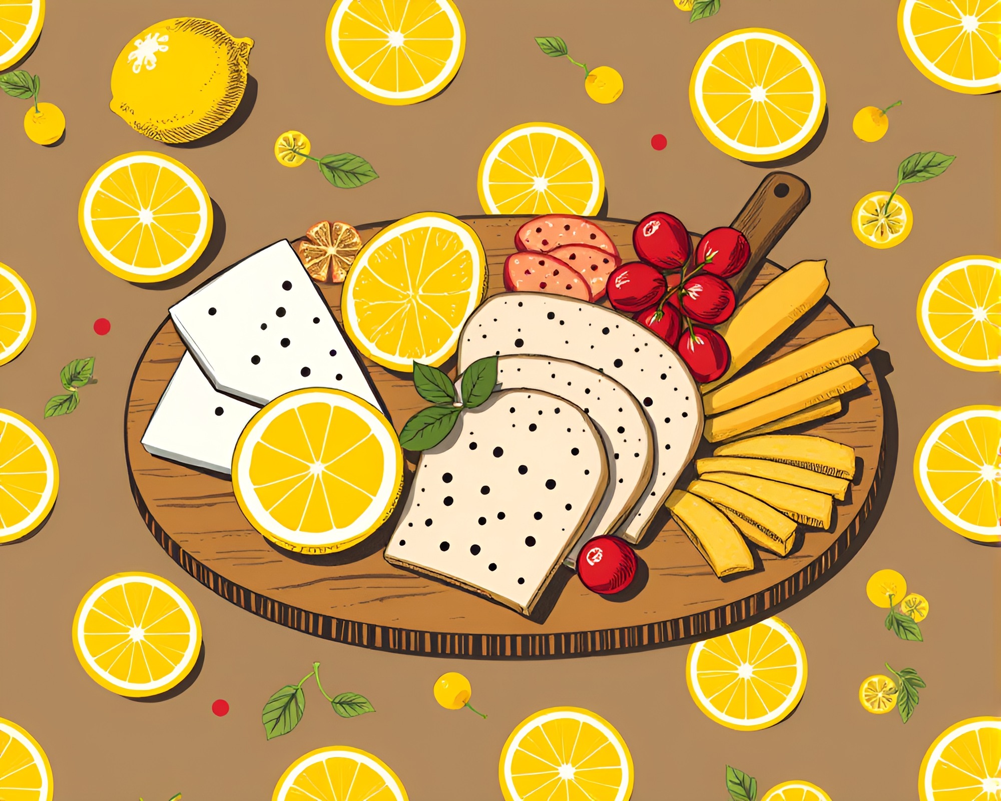 Charcuterie Board Lemon Yellow Feast Illustration – free AI stock image