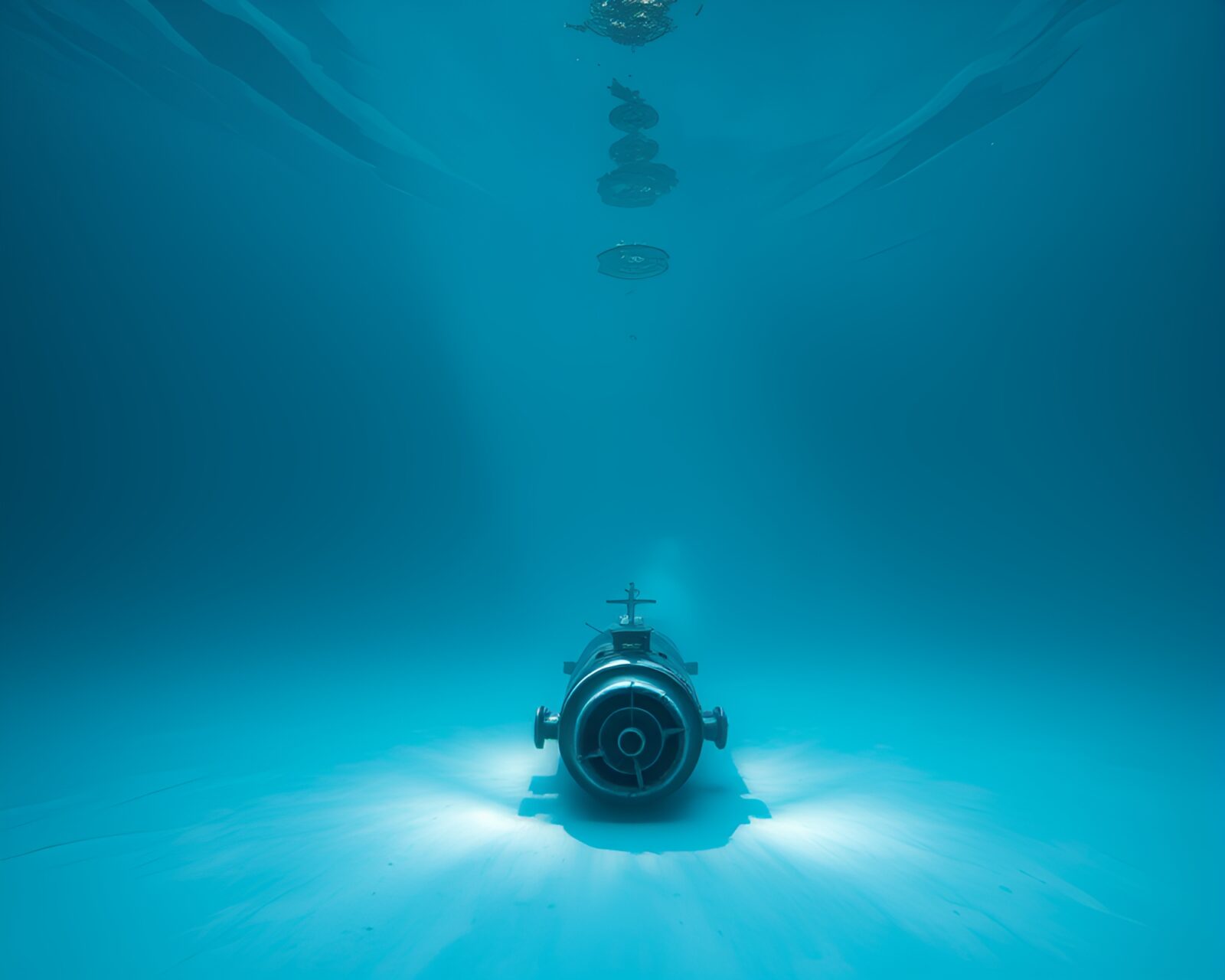 Low-angle shot of a submarine in ice-blue tinted waters