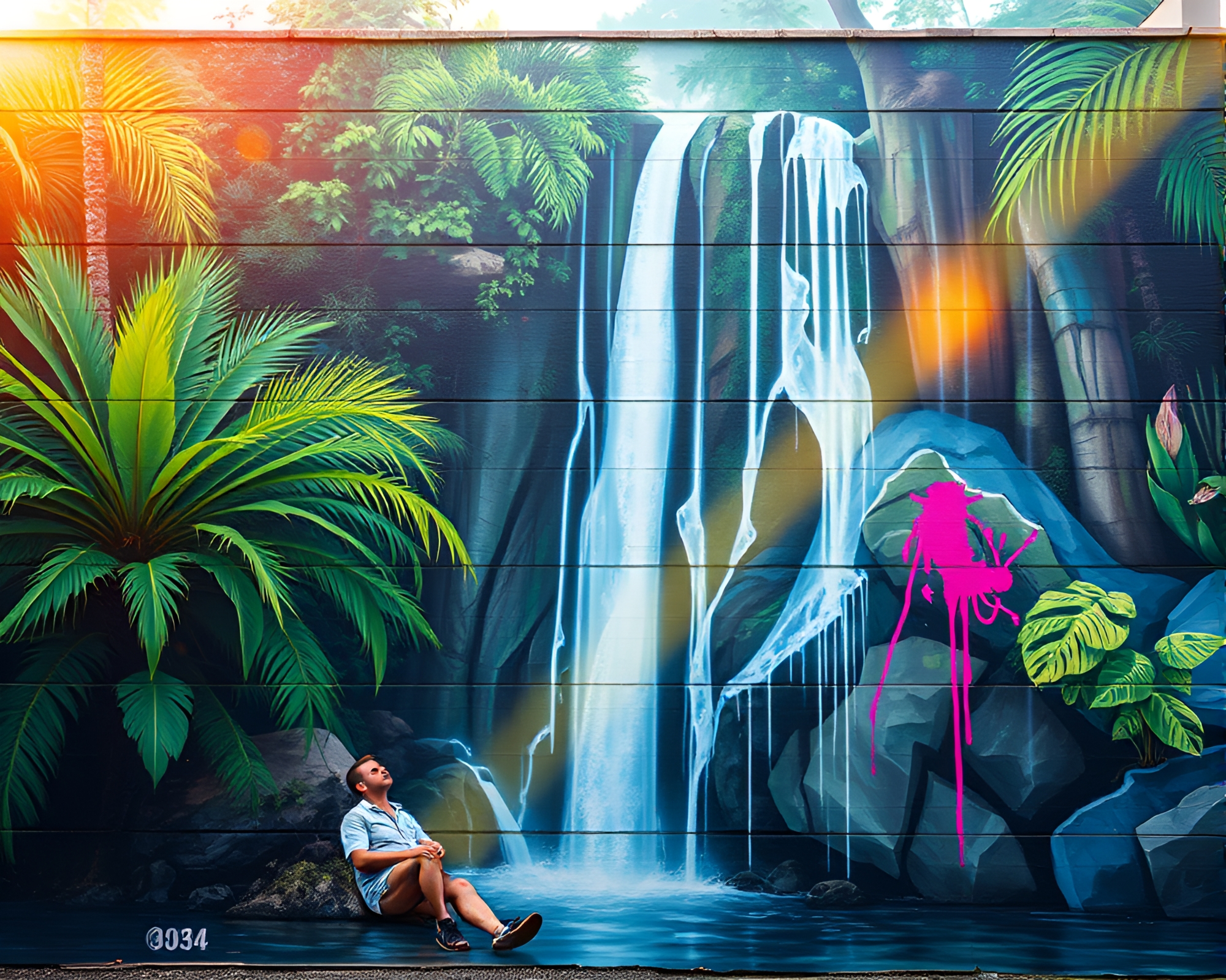 Tropical Waterfall Graffiti Illuminated by Light Leaks – free AI stock image