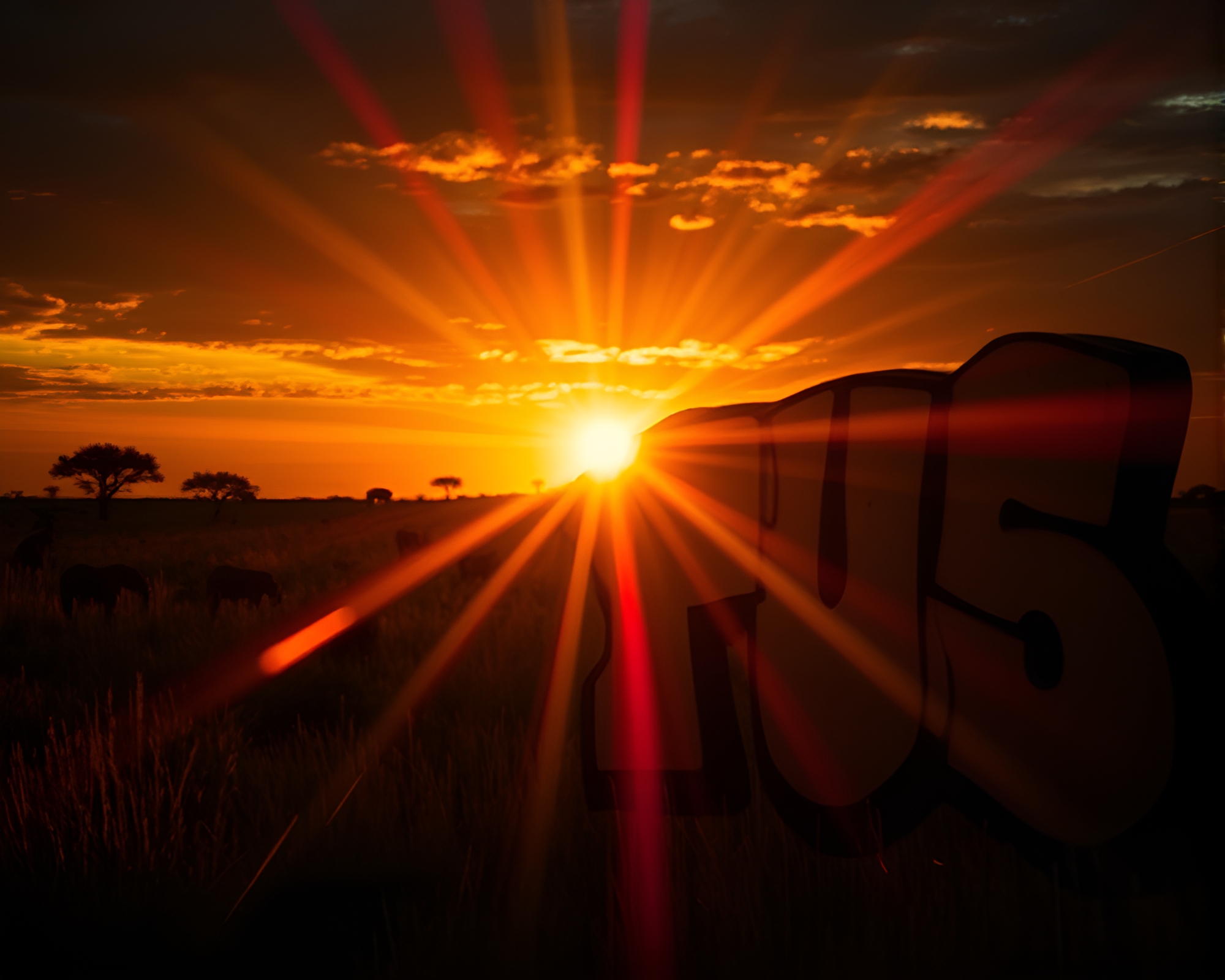 Graffiti Dripping Savanna Sunset with Lens Flare – free AI stock image