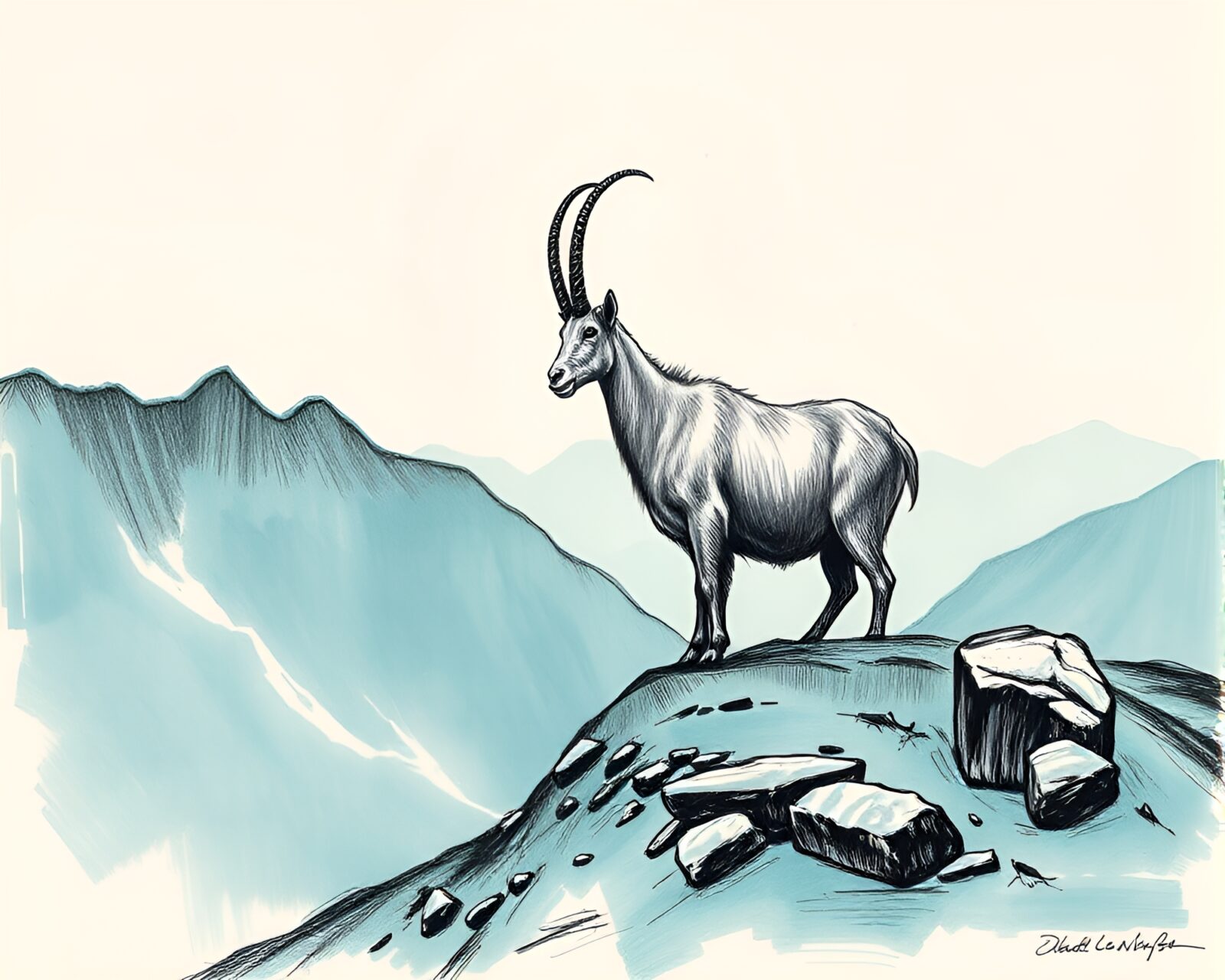 Landscape etching of a serene mountain goat in turquoise light