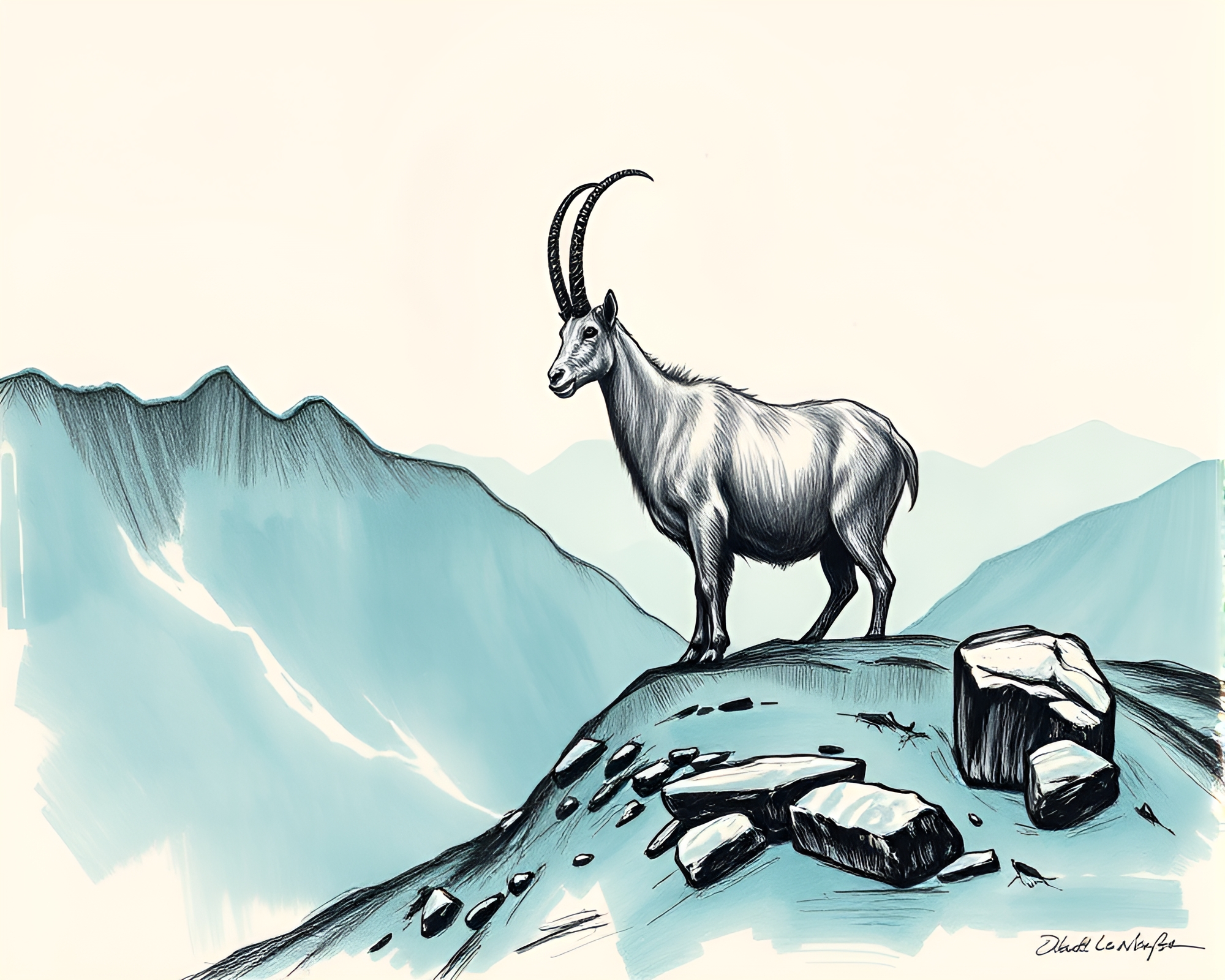 Mountain Goat Etched in Turquoise Metallic Scratches – free AI stock image