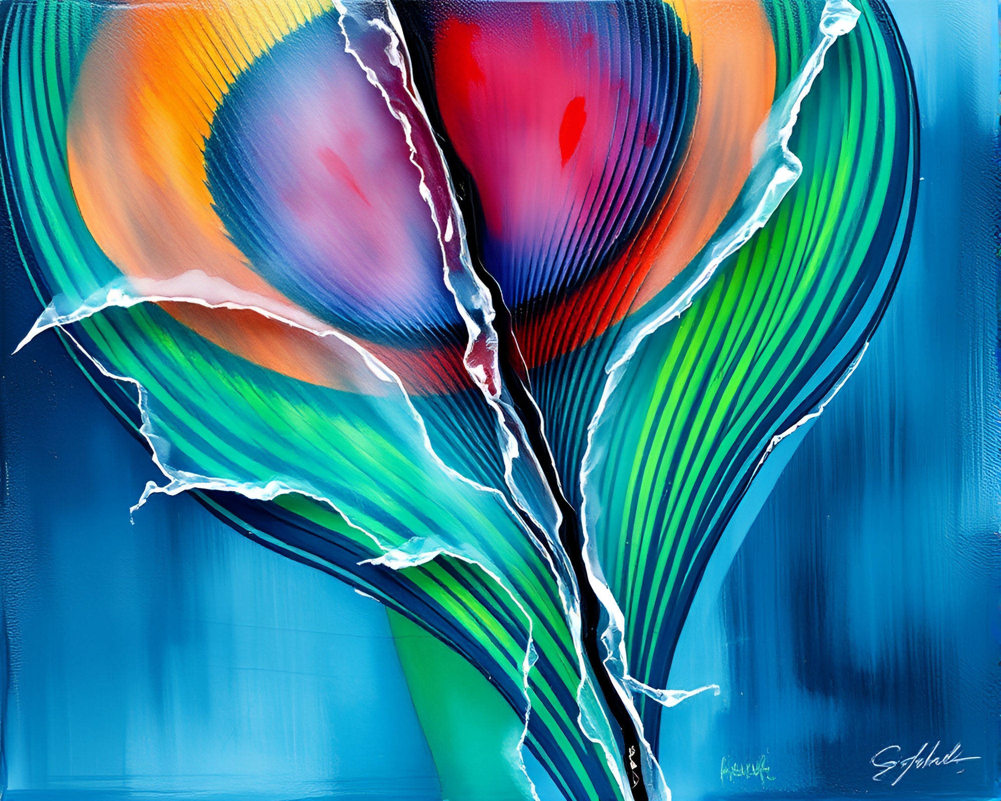 Cracked Ice Reflecting Peacock Feather Gouache Painting – free AI stock image