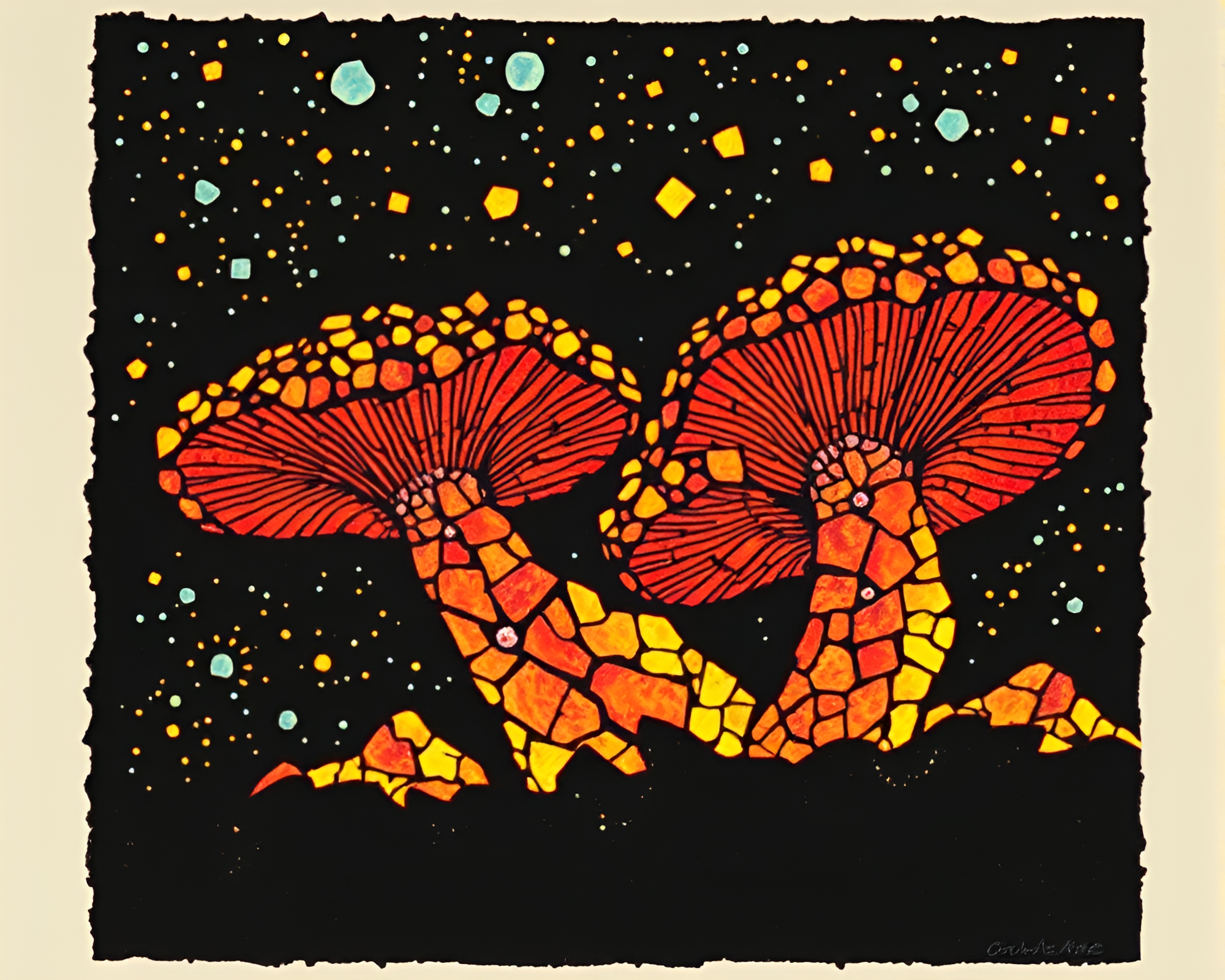 Bioluminescent Fungal Fractals Adorn Broken Mosaic Woodcut Print – free AI stock image