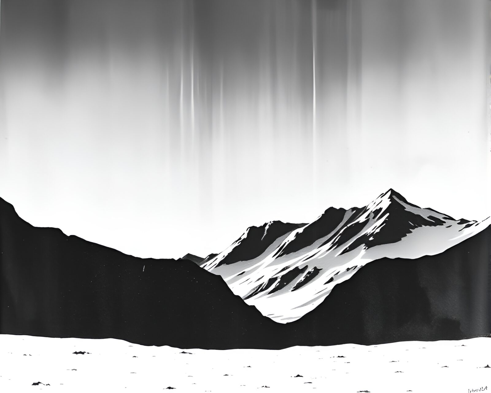 Icy cavern with intricate shadows in etched landscape style