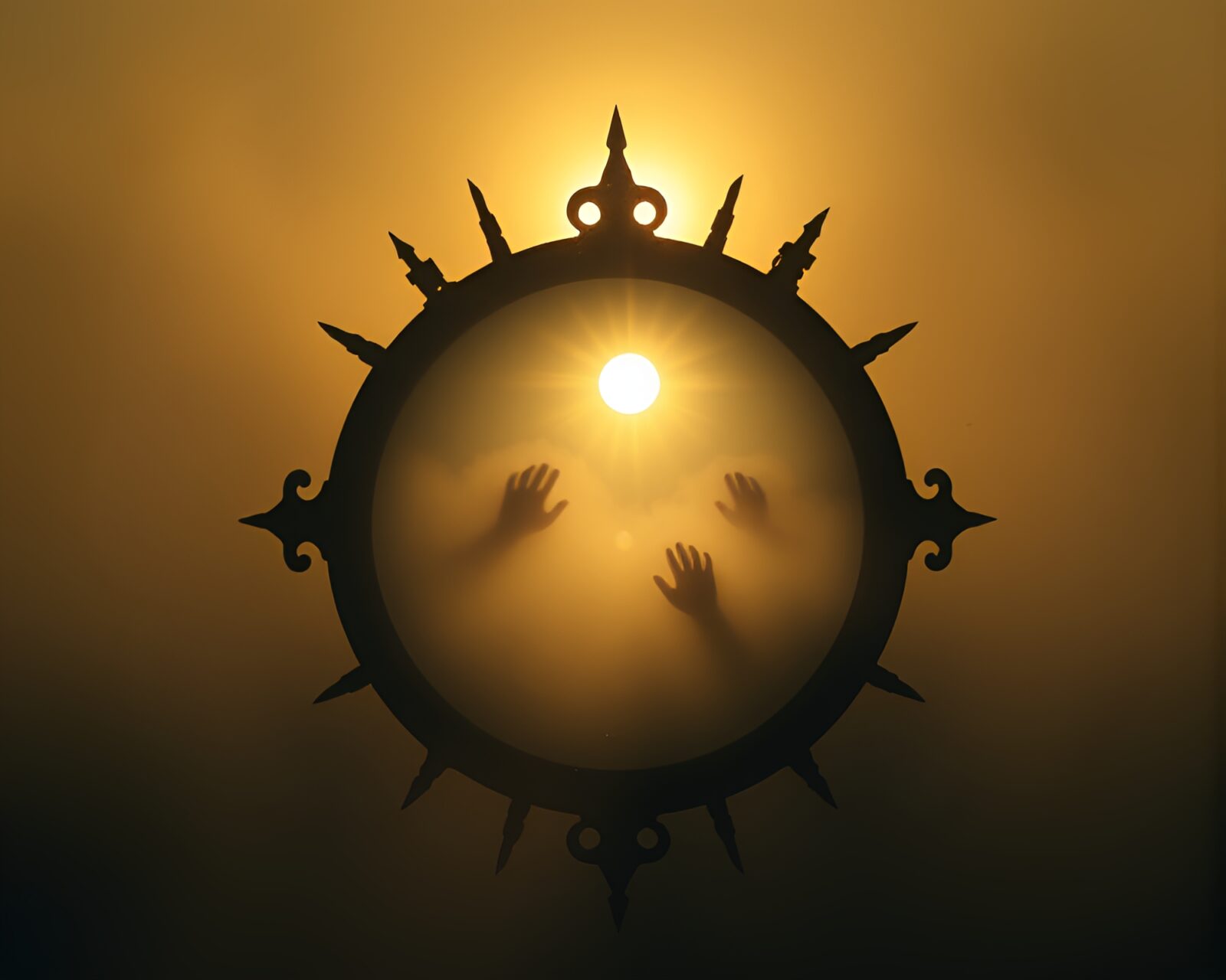 Mysterious mirror reflecting eerie scene in foggy stencil style