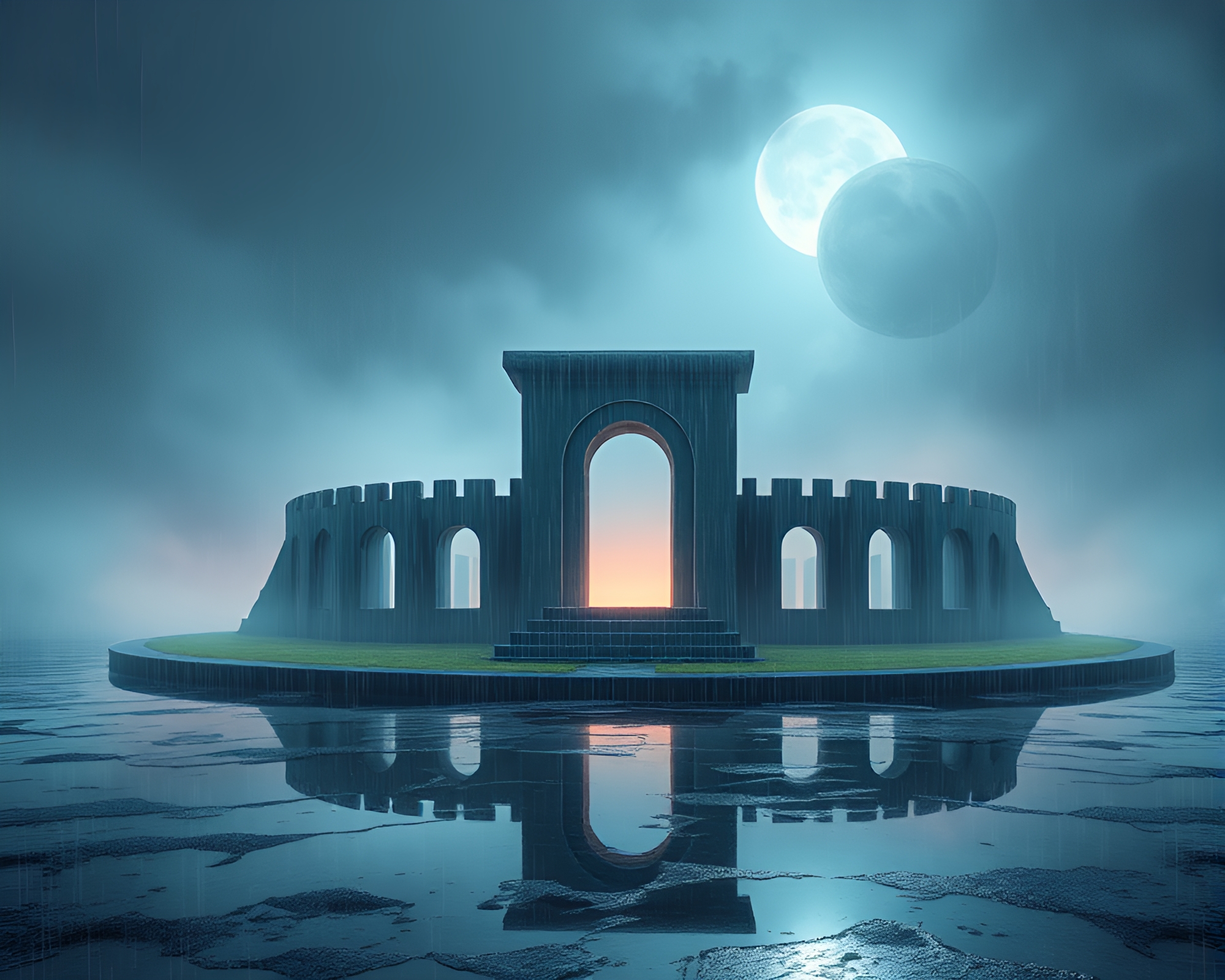 Futuristic Glowing Rune Stone in Misty Rainy Reflections – free AI stock image