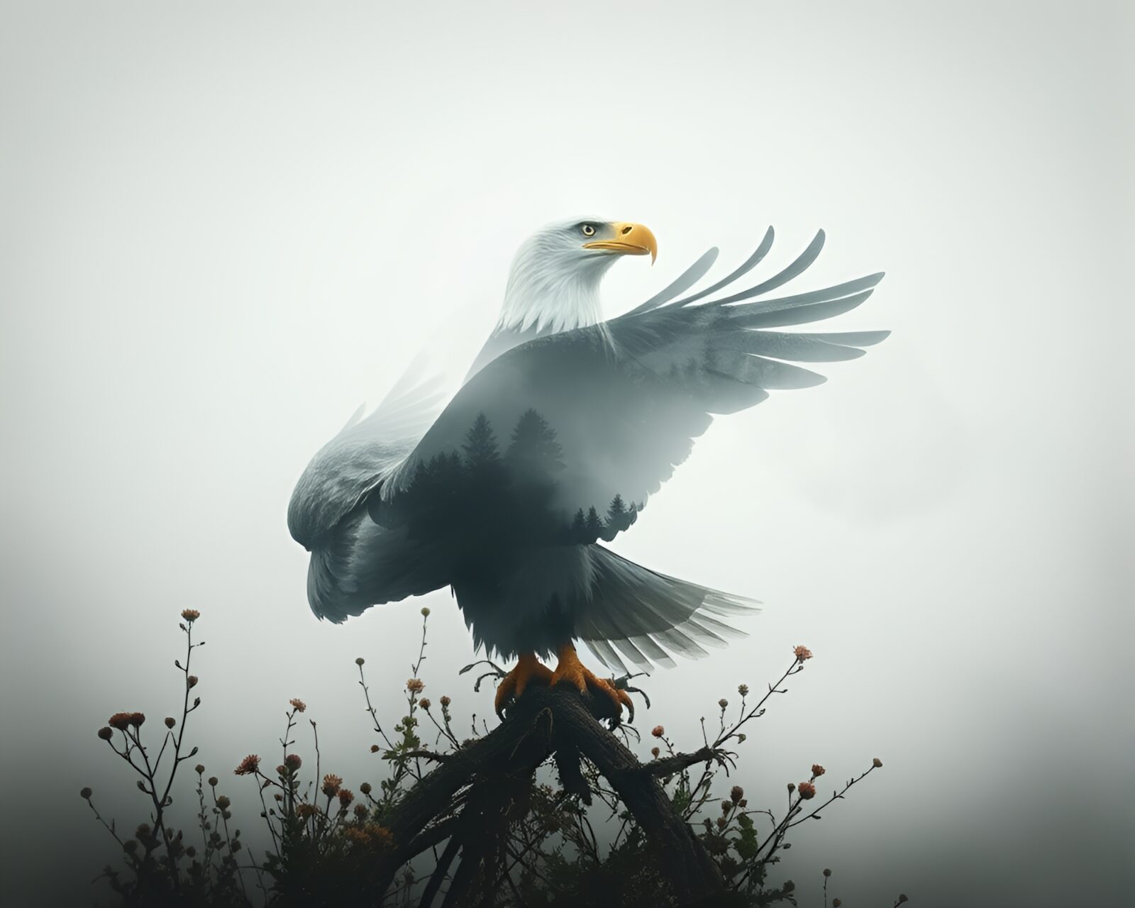 Double exposure artwork of an eagle in a misty forest