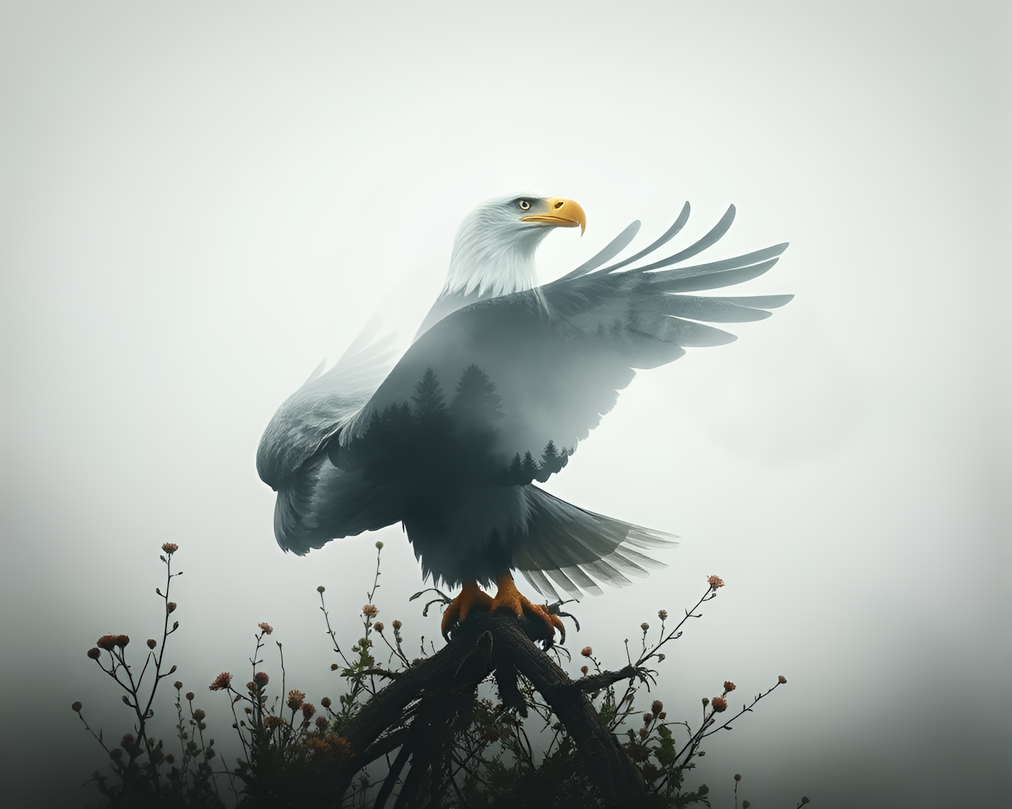 Majestic Eagle in Botanical Foggy Forest Illustration – free AI stock image