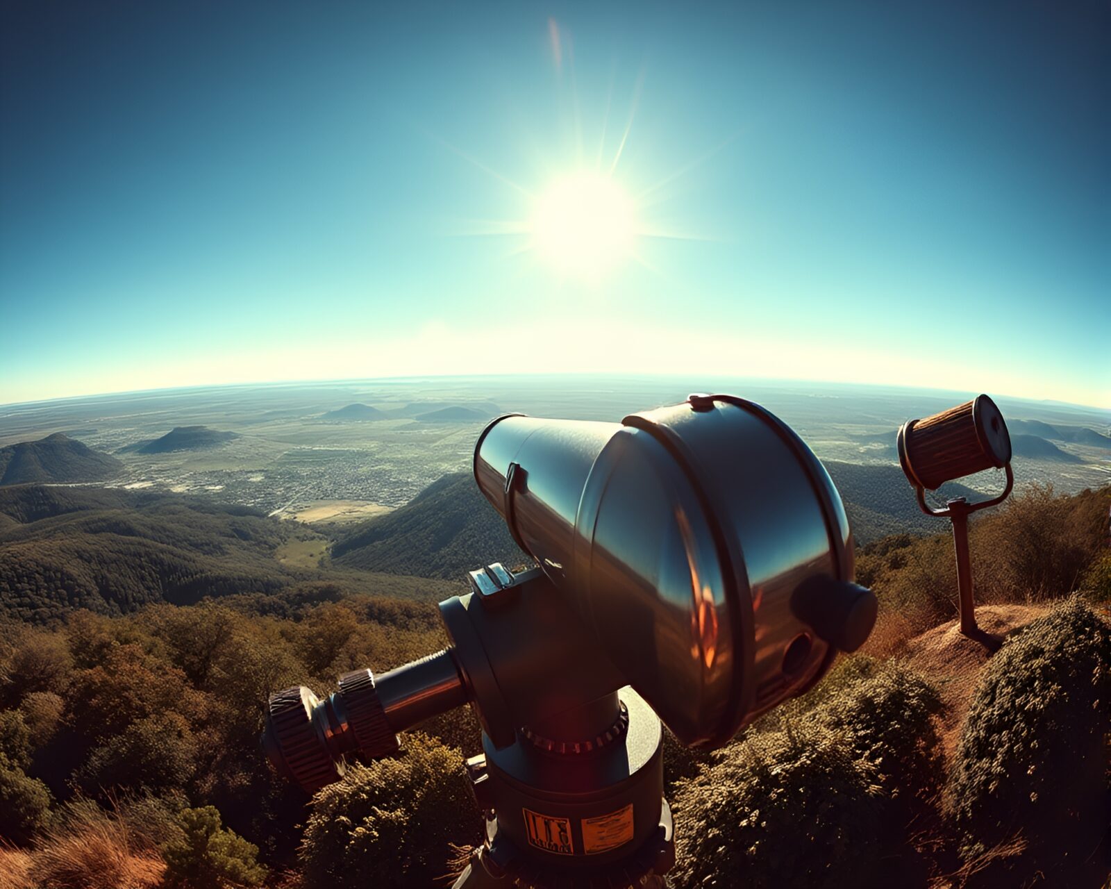 Panoramic view of a duotone vintage telescope under colorful stars