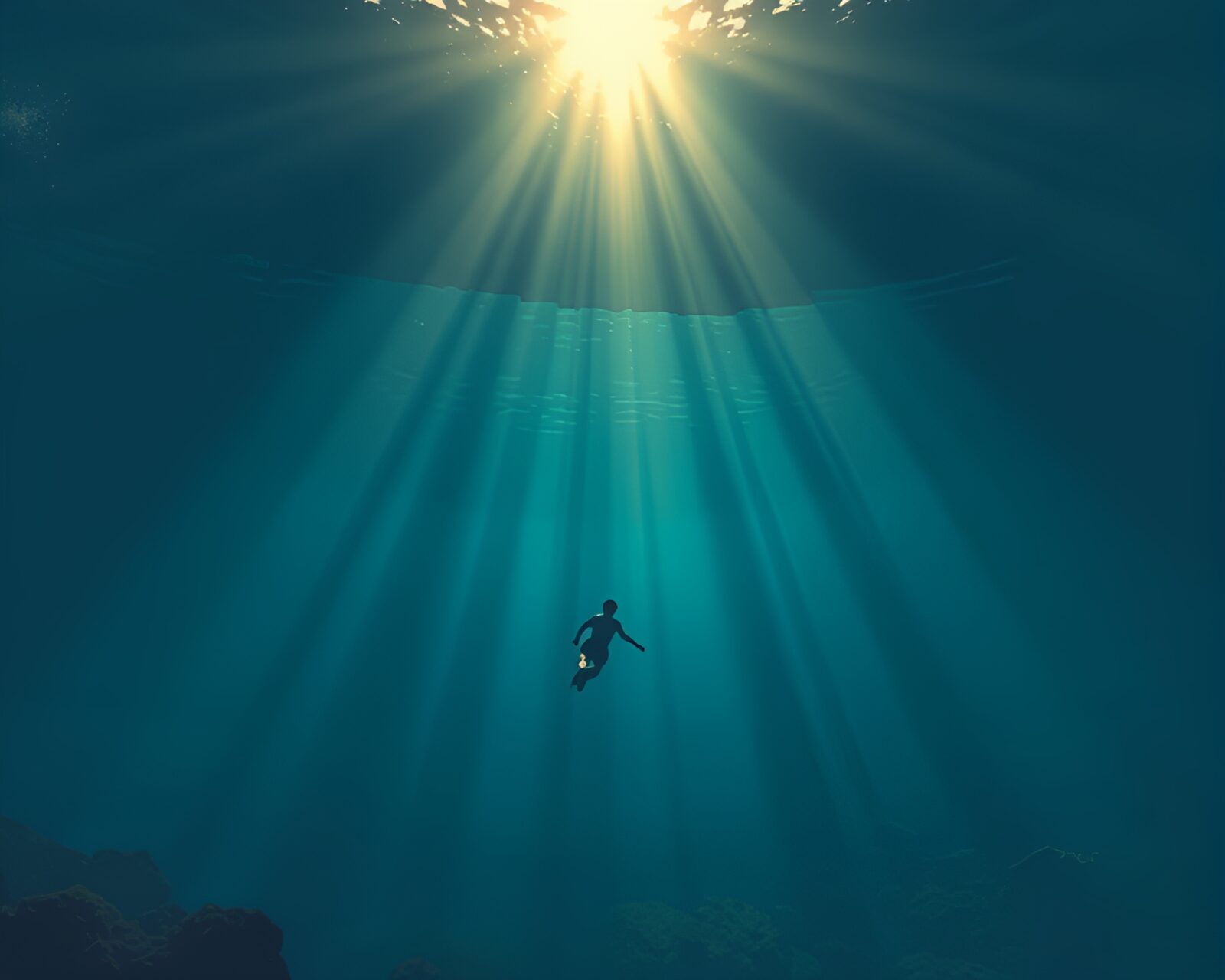 Retro pixel art scene featuring a candid underwater submarine moment with sunbeam rays