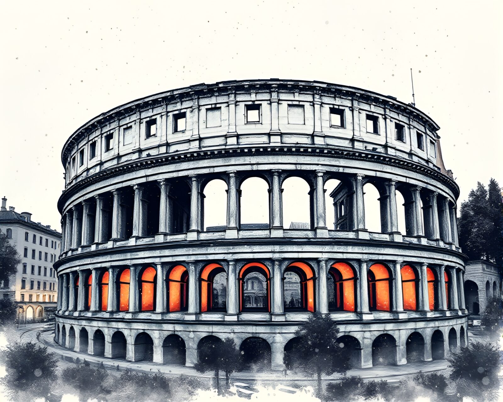 Acid washed pointillist illustration of the Roman Coliseum