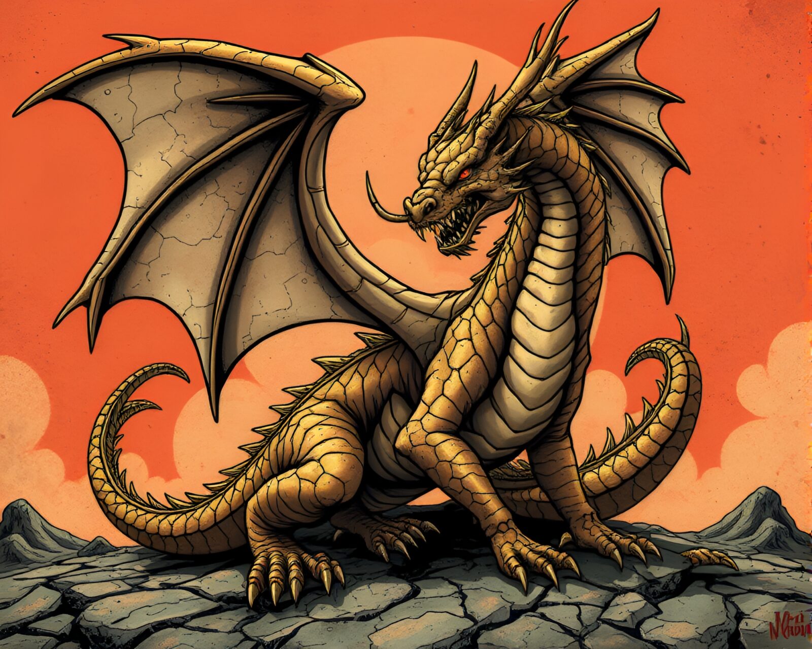 Comic-style bronze dragon in cracked earth landscape