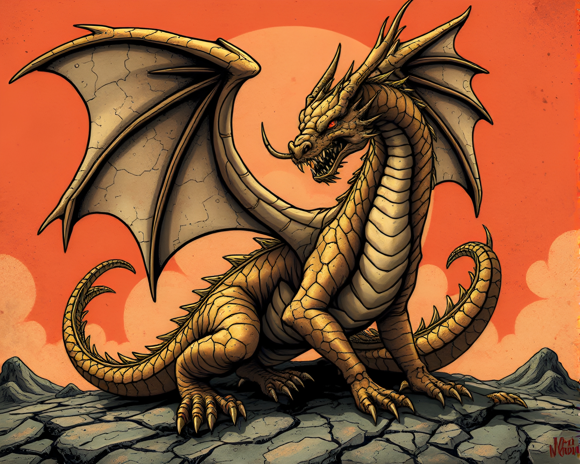 Bronze Dragon Roaming Cracked Earth Comic Scene – free AI stock image