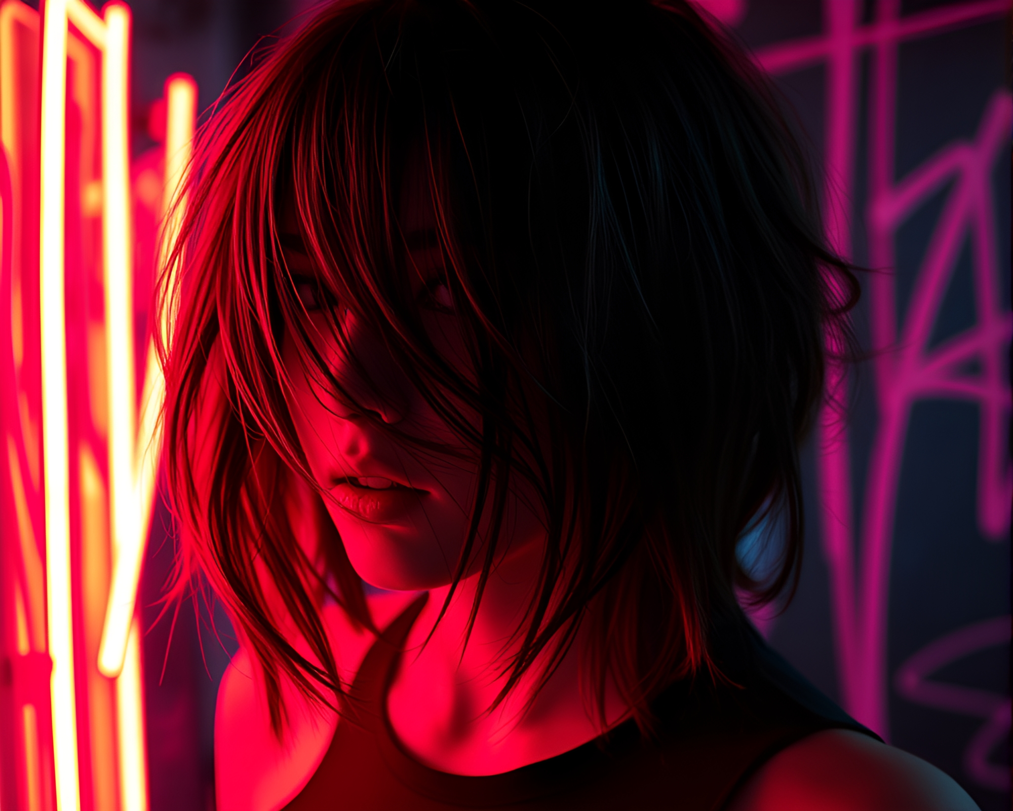 Neon Graffiti Noir: Hair Simulation Framed in Nature – free AI stock image