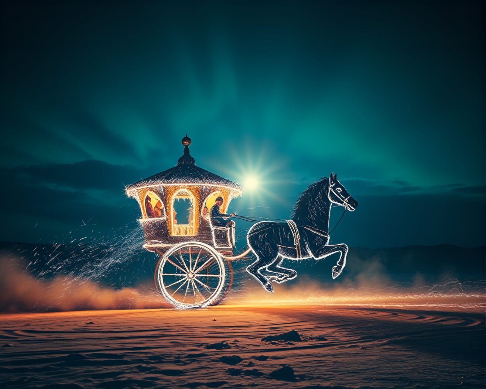 Fantasy scene of chariot race in twilight with chalk drawings